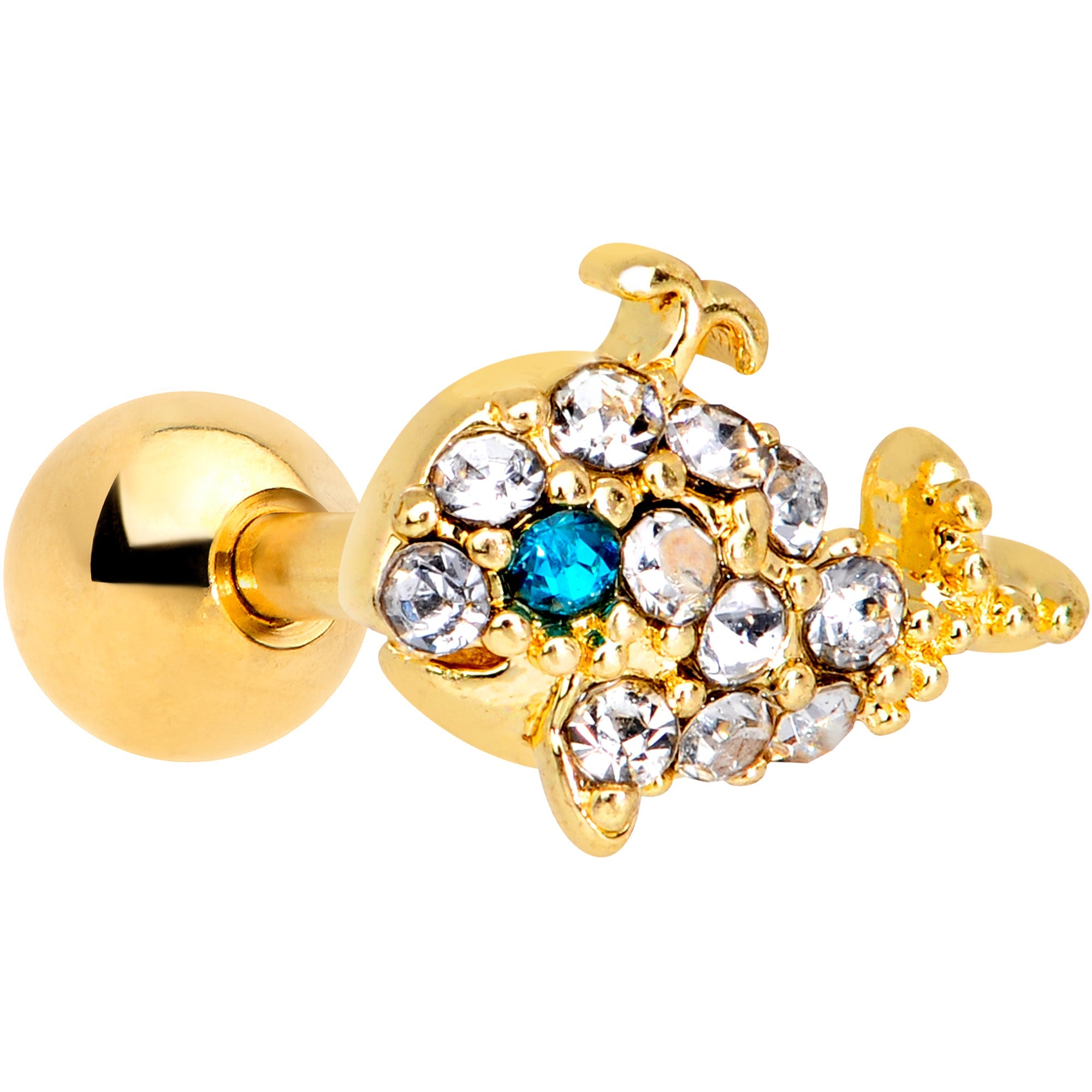 BodyCandy 16G 1/4 Clear Aqua Gem Gold Tone Whale Cartilage Tragus Earring — main product shot