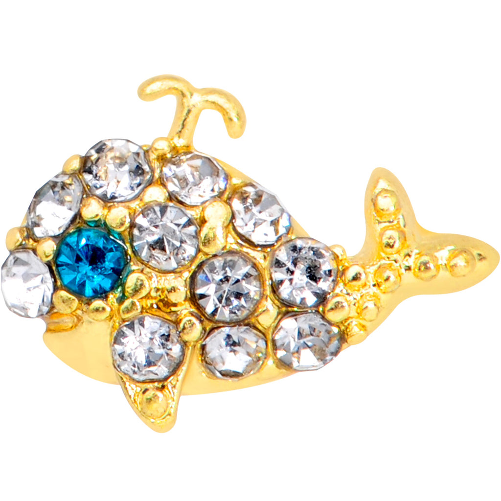 BodyCandy 16G 1/4 Clear Aqua Gem Gold Tone Whale Cartilage Tragus Earring — detail close-up