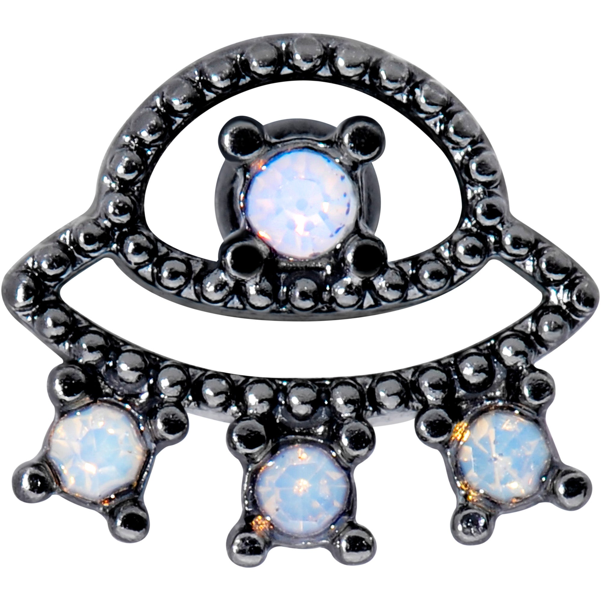 BodyCandy 16G 1/4 Black White Faux Opal UFO Cartilage Tragus — detail close-up