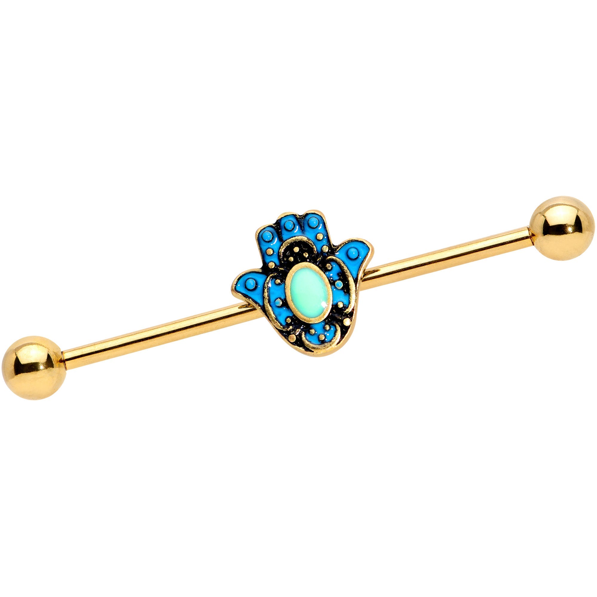 BodyCandy 14G Gold Tone Aqua Ornate Hamsa Hand Industrial Barbell 38mm — main product shot