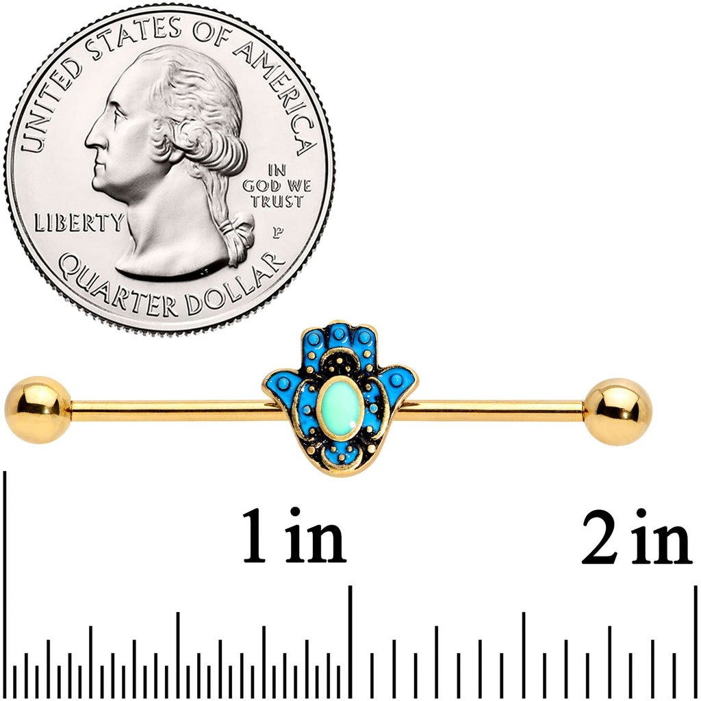 BodyCandy 14G Gold Tone Aqua Ornate Hamsa Hand Industrial Barbell 38mm — detail close-up