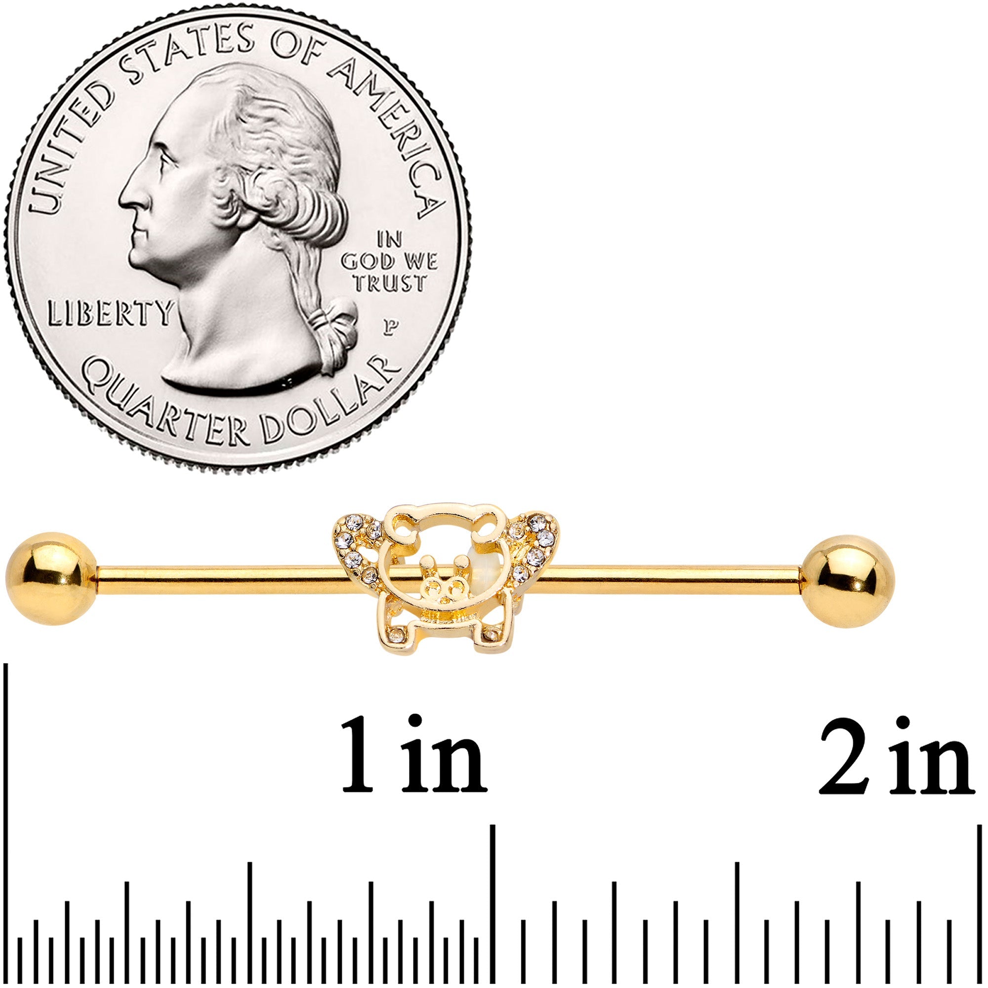 BodyCandy 14G Clear Gem Gold Tone Flying Pig Industrial Barbell 38mm — detail close-up