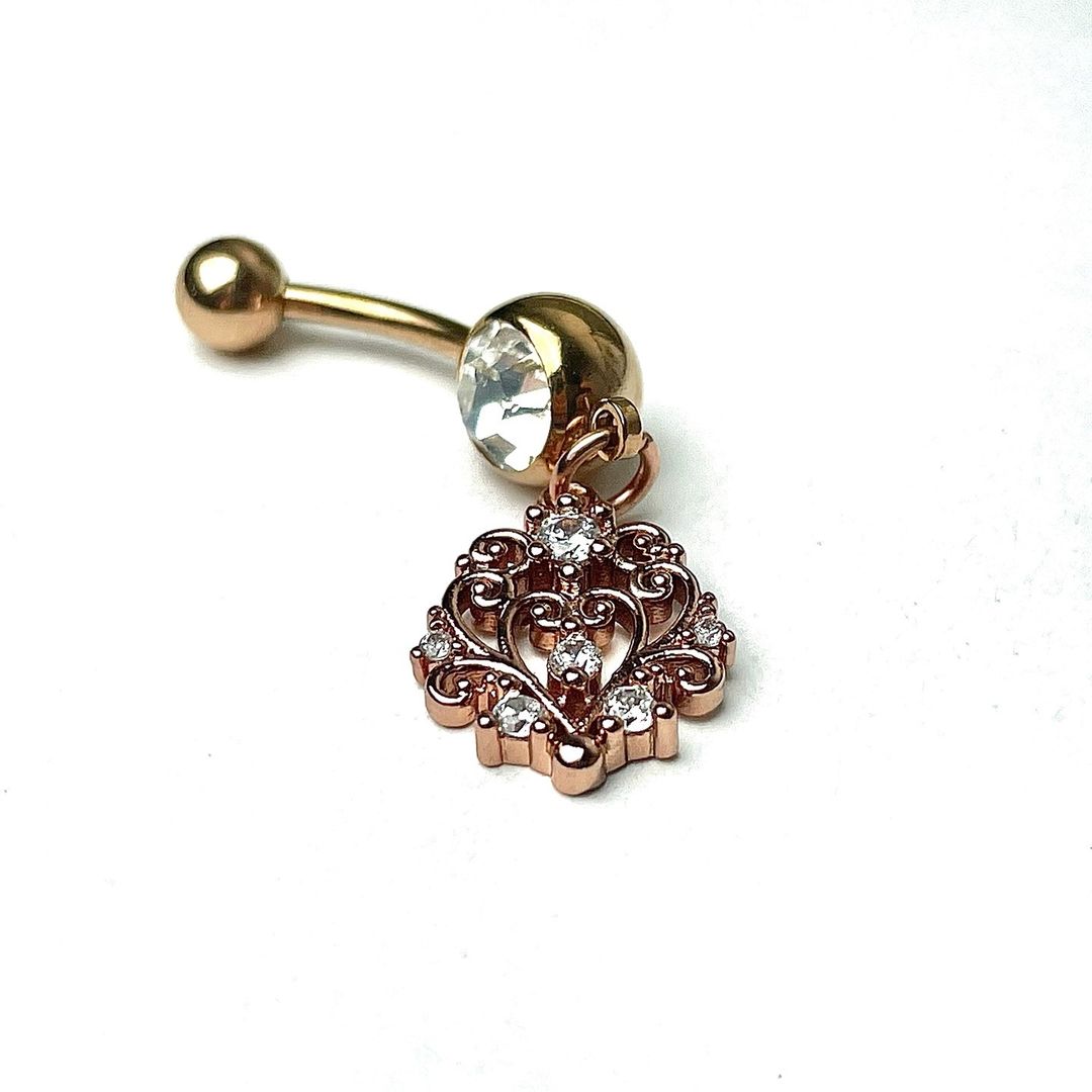 BodyCandy Clear CZ Gem Rose Gold Tone Elegant Abstract Dangle Belly Ring — detail close-up