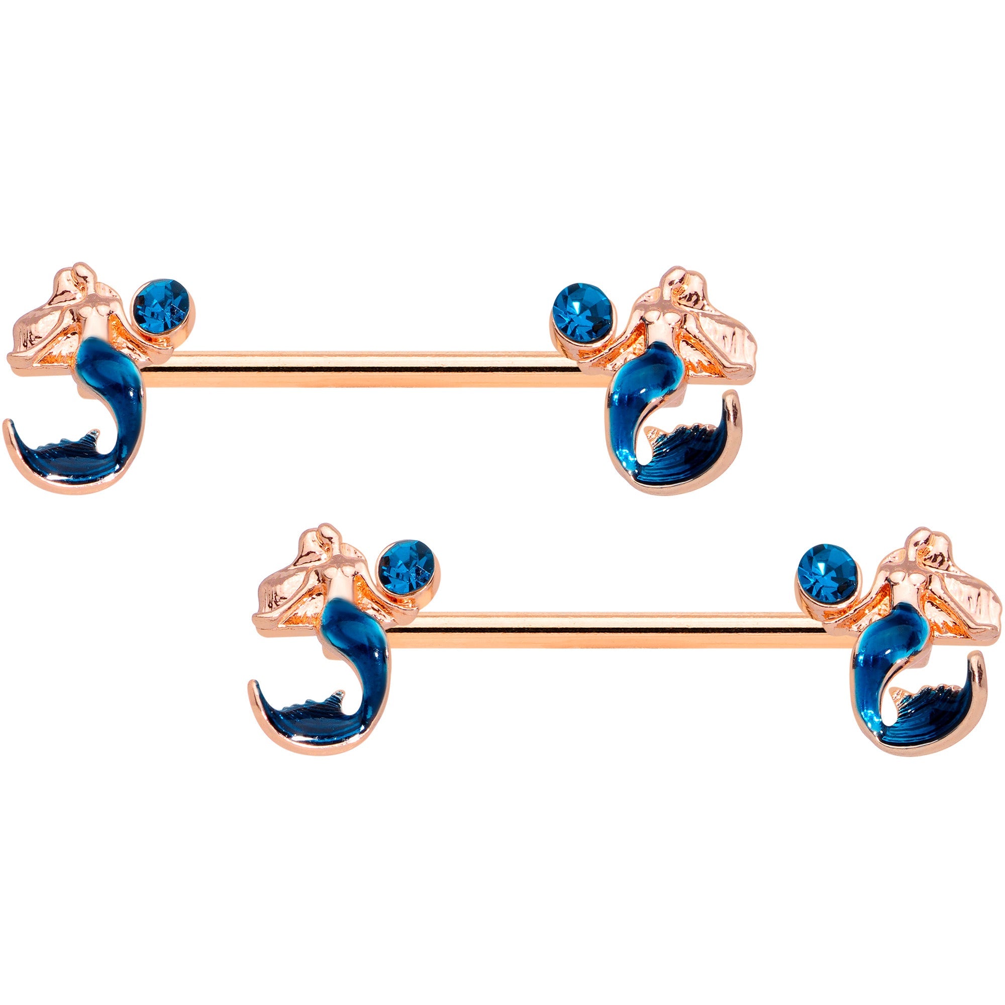 BodyCandy 14G 9/16 Aqua Gem Rose Gold Tone Mermaid Nipple Ring Set — main product shot