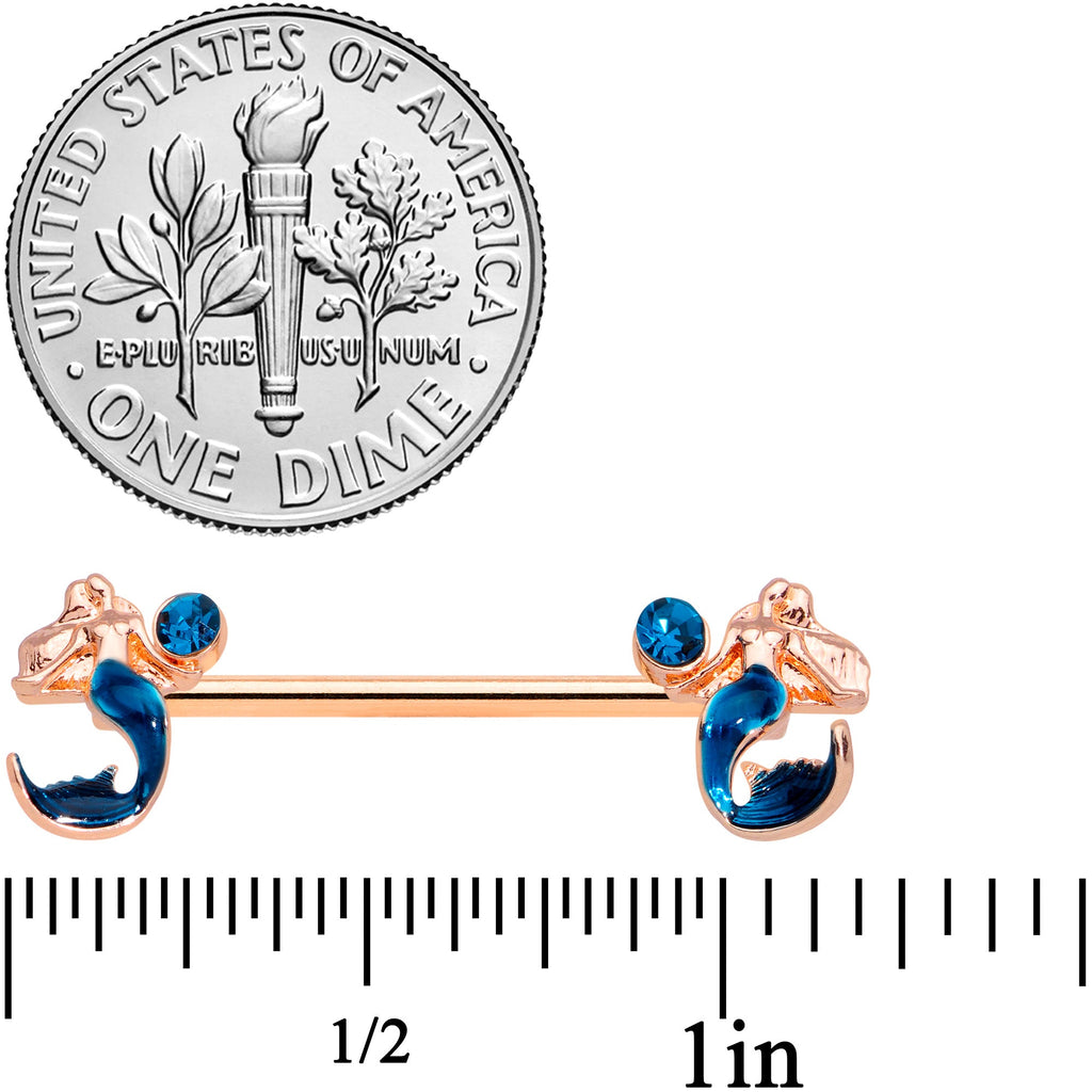 BodyCandy 14G 9/16 Aqua Gem Rose Gold Tone Mermaid Nipple Ring Set — detail close-up