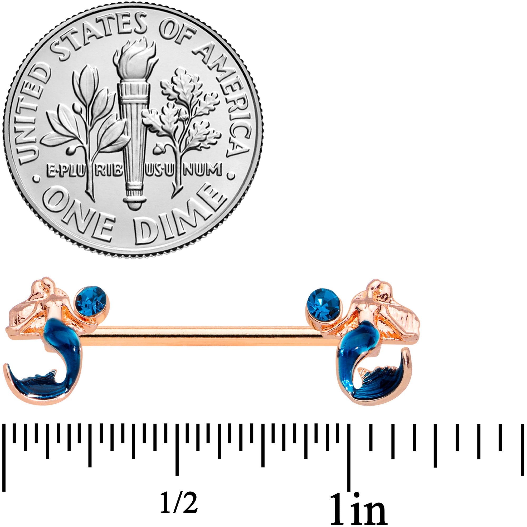 BodyCandy 14G 9/16 Aqua Gem Rose Gold Tone Mermaid Nipple Ring Set — detail close-up