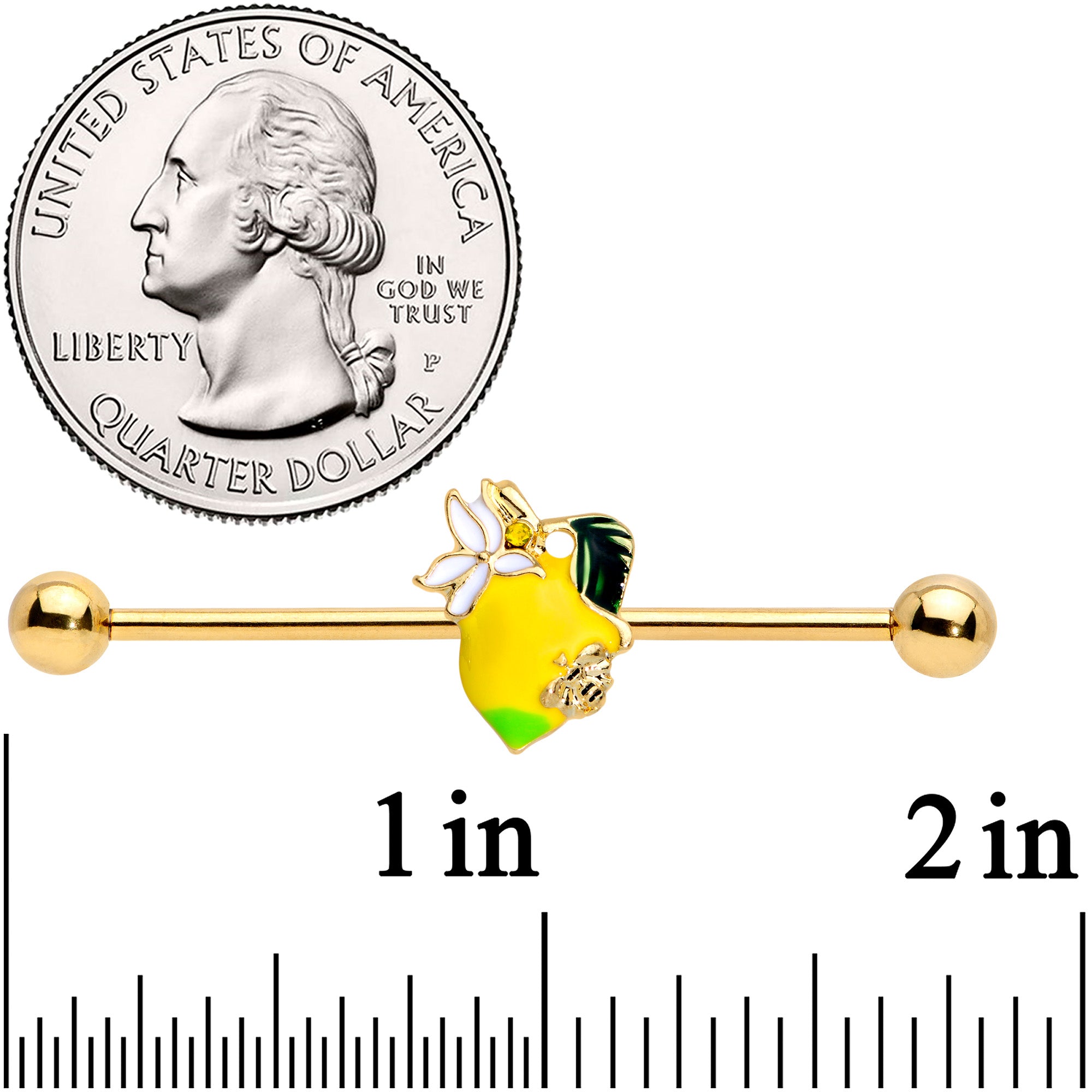 BodyCandy 14G Gold Tone Bee Flower Lemon Industrial Barbell 38mm — detail close-up