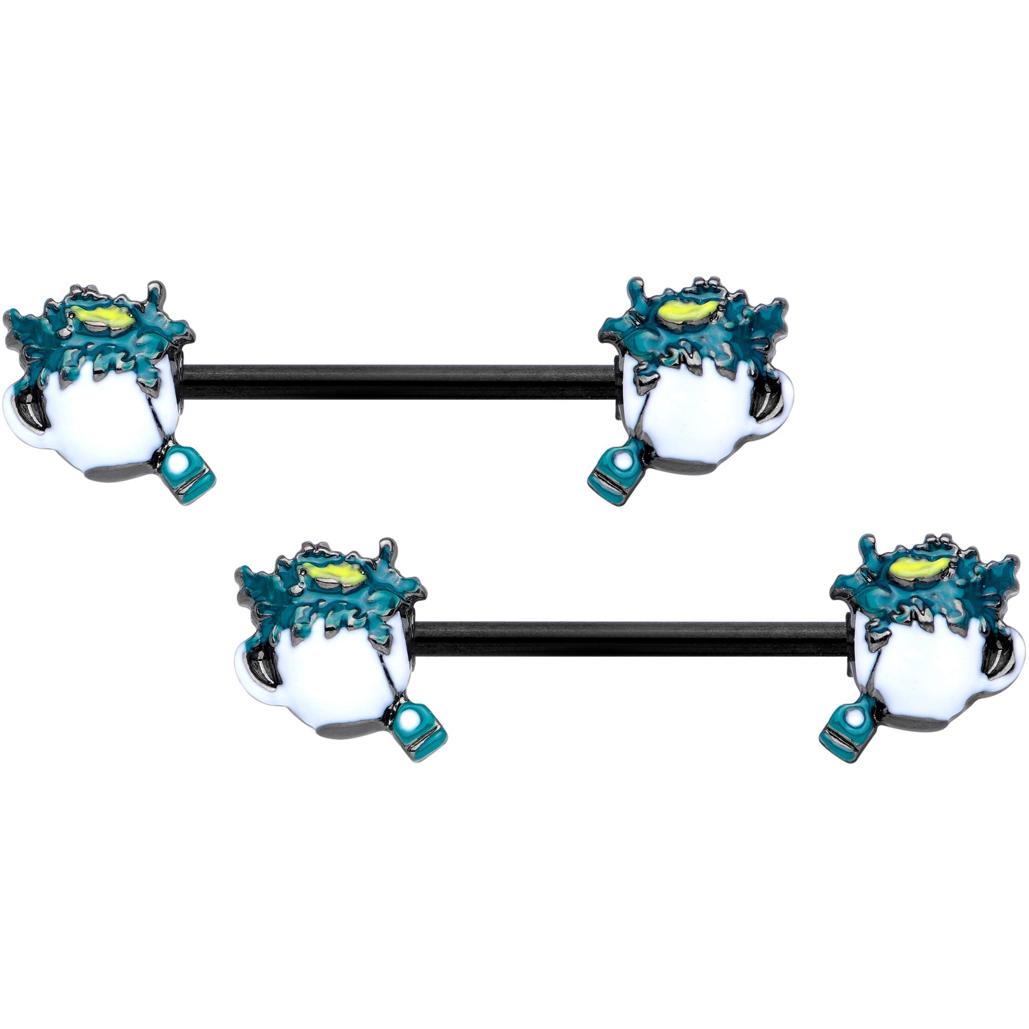 BodyCandy 14G 9/16 Black Creepy Halloween Tea Barbell Nipple Ring Set — main product shot