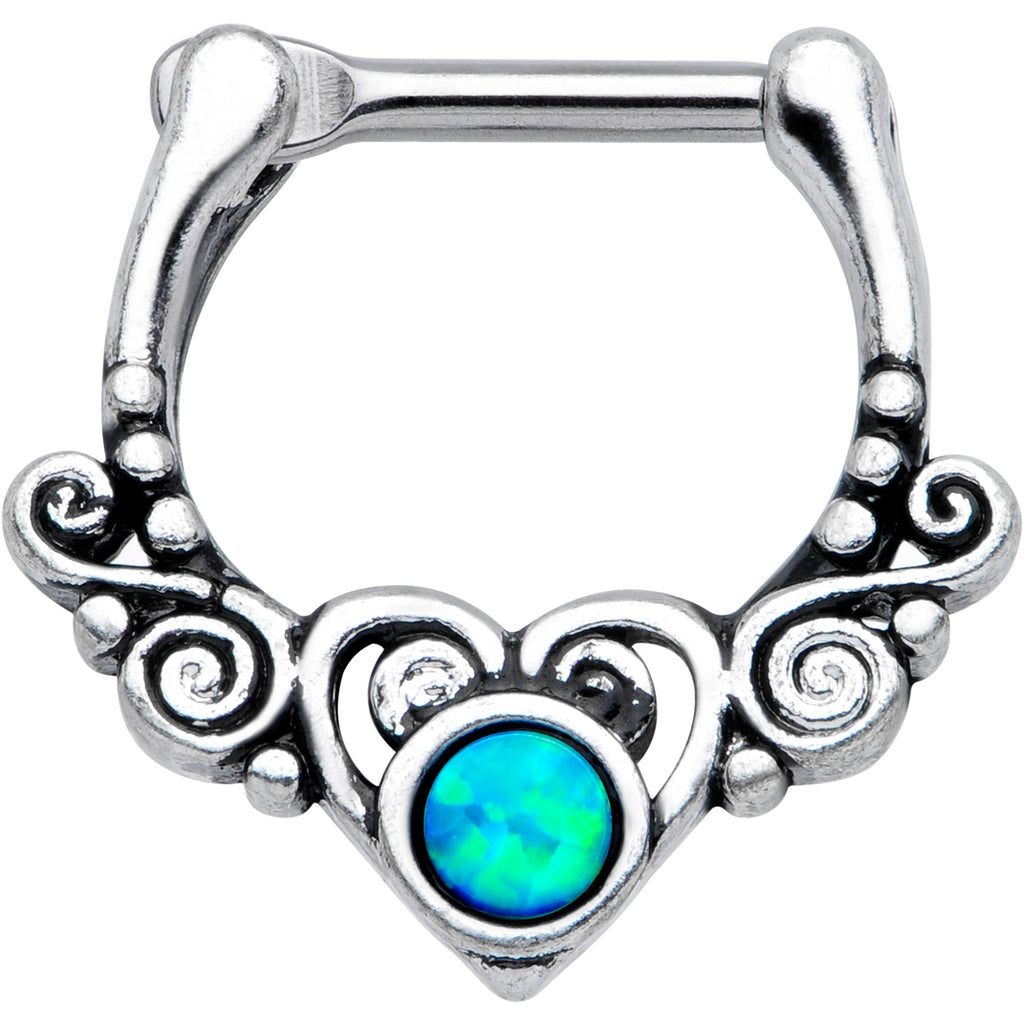 BodyCandy 16G 3/8 Green Synthetic Opal Winged Heart Cartilage Clicker — main product shot