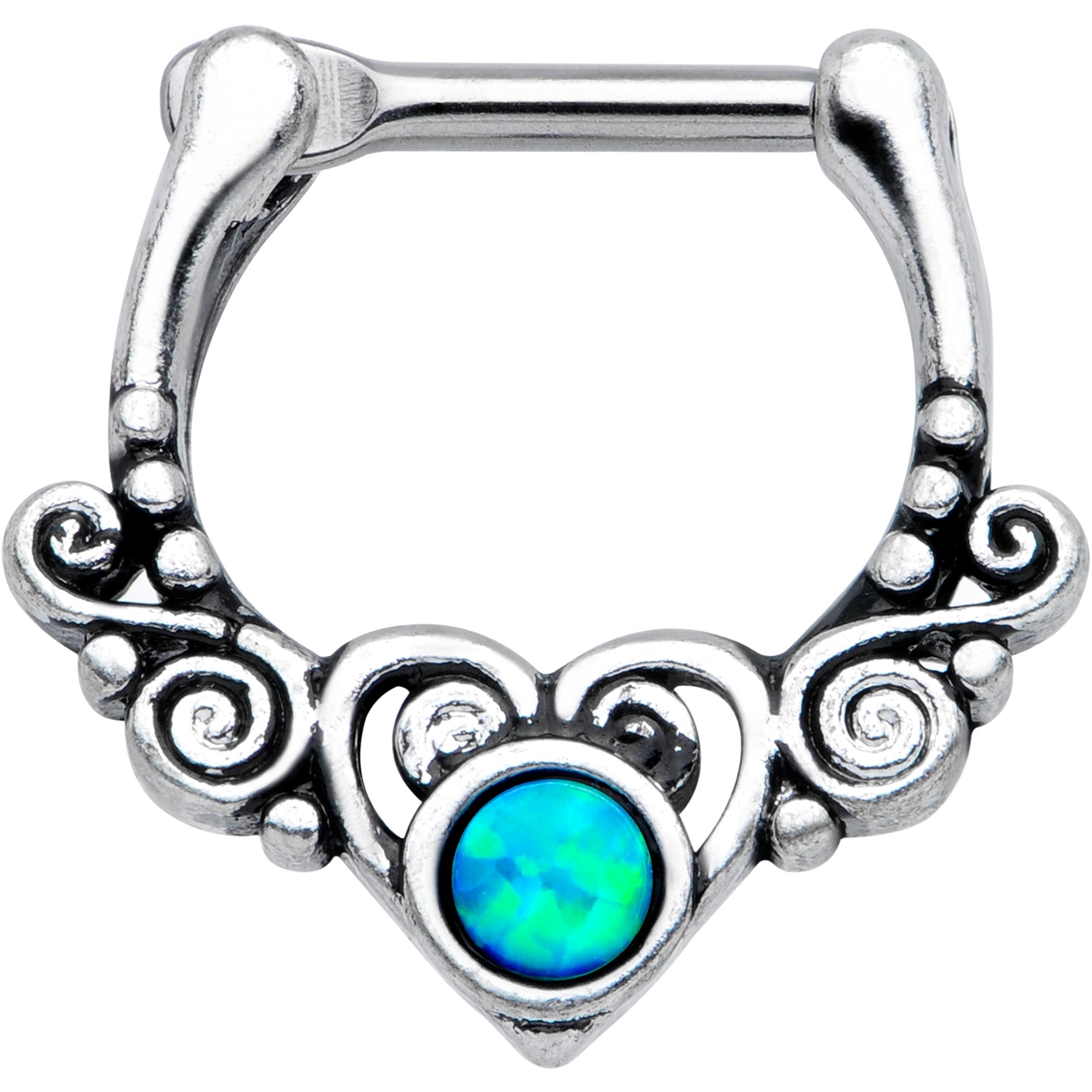 BodyCandy 16G 3/8 Green Synthetic Opal Winged Heart Cartilage Clicker — main product shot
