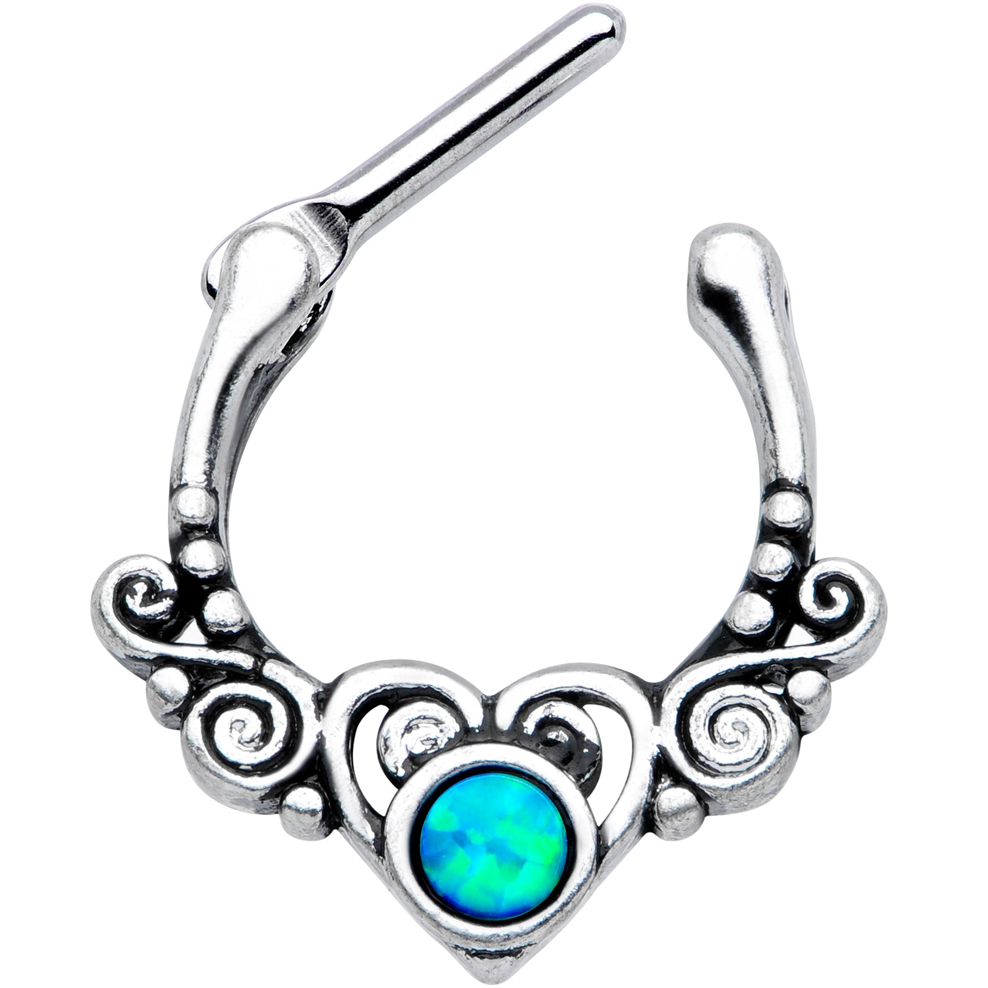 BodyCandy 16G 3/8 Green Synthetic Opal Winged Heart Cartilage Clicker — lifestyle context