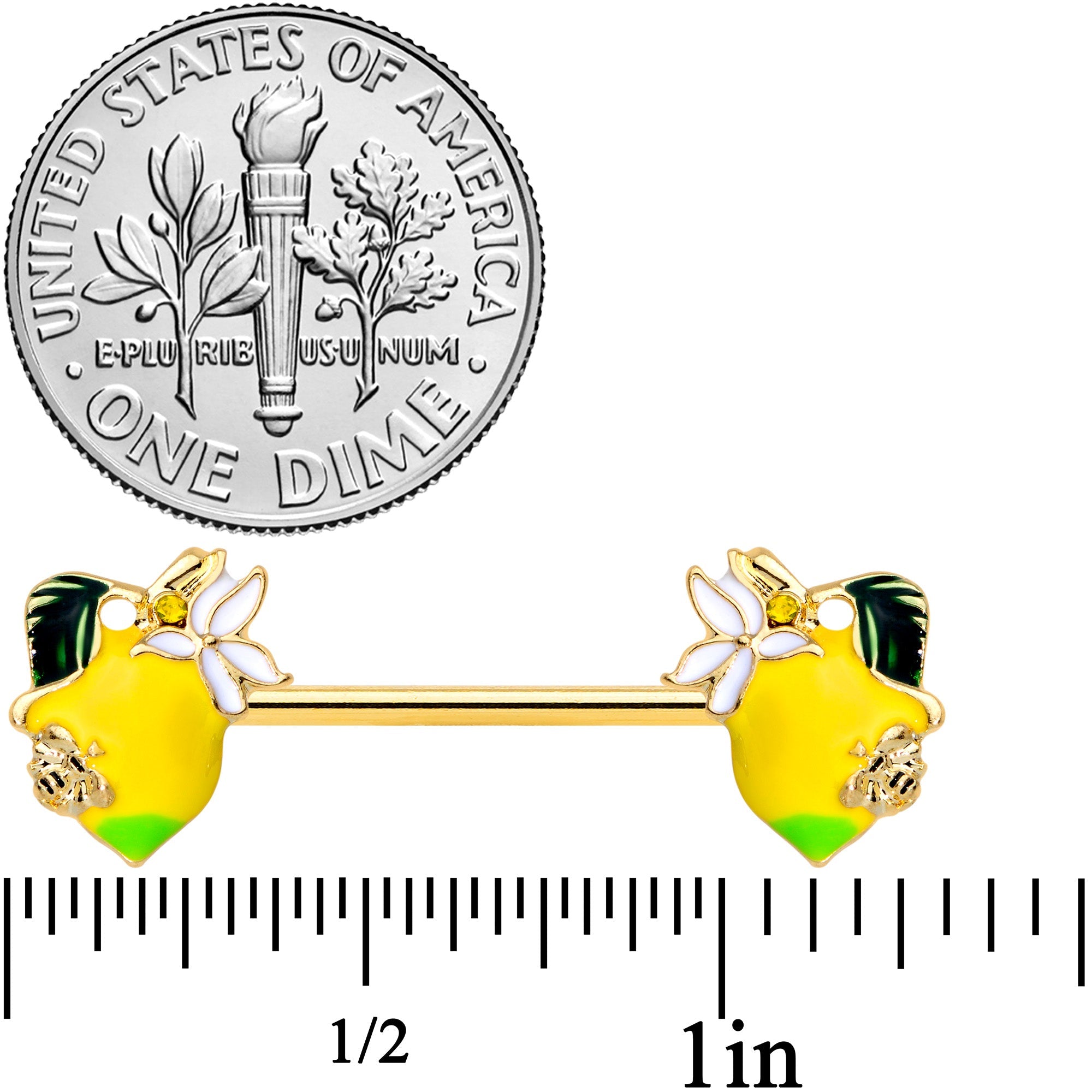 BodyCandy 14G 9/16 Gold Tone Lemon Bee Barbell Nipple Ring Set — detail close-up