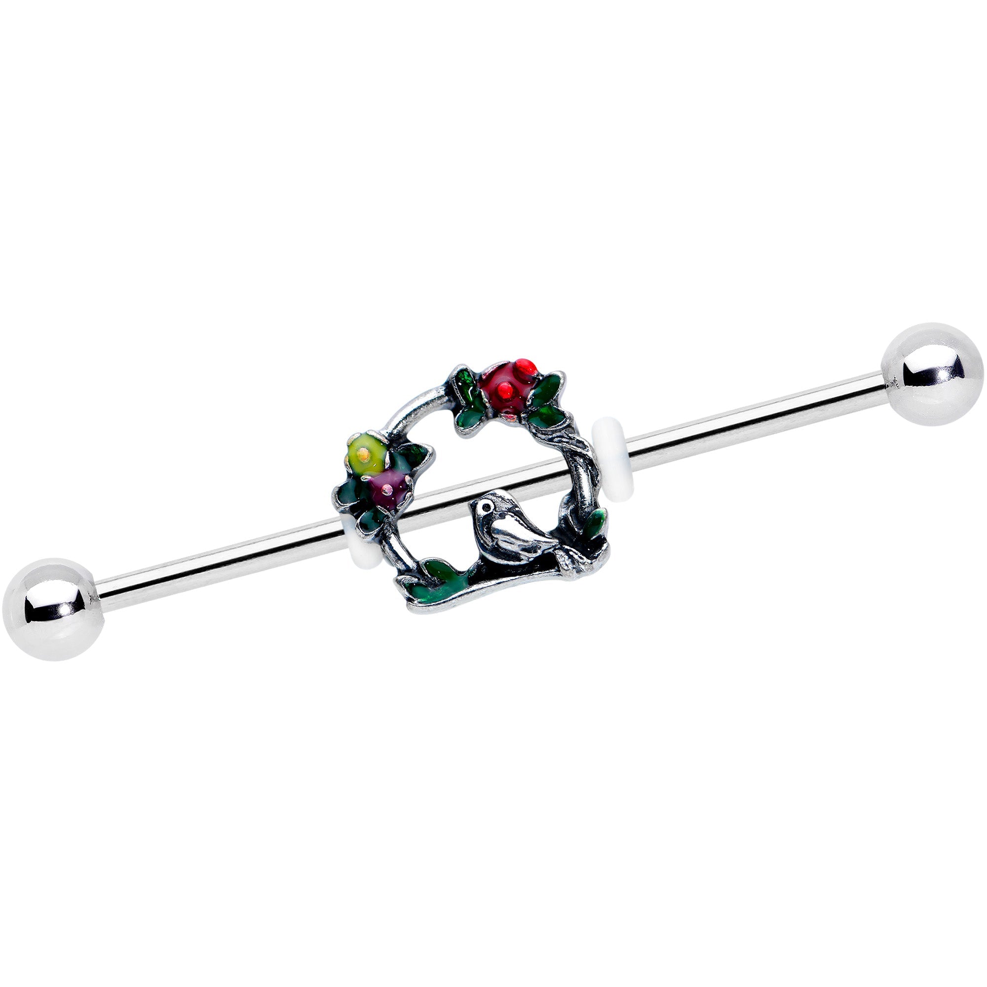 BodyCandy 14G Red Yellow Flower Swing Bird Industrial Barbell 38mm — main product shot