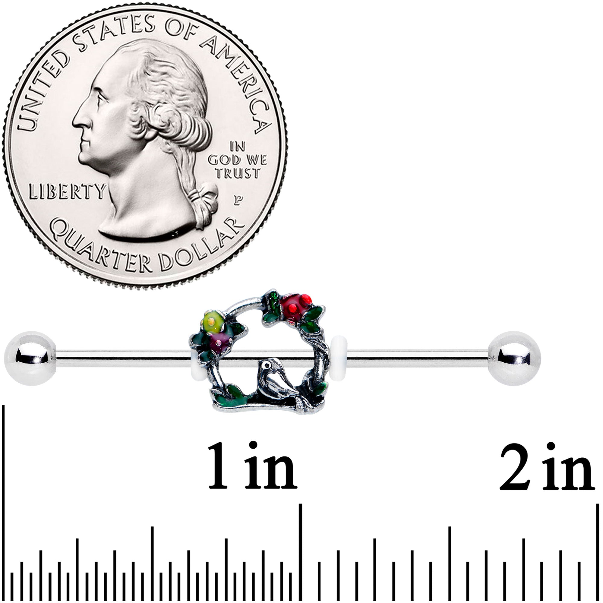 BodyCandy 14G Red Yellow Flower Swing Bird Industrial Barbell 38mm — detail close-up