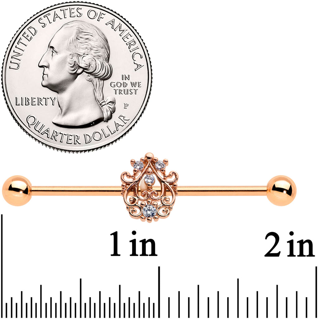 BodyCandy 14G Clear CZ Gem Rose Gold Tone Elegant Industrial Barbell 38mm — detail close-up