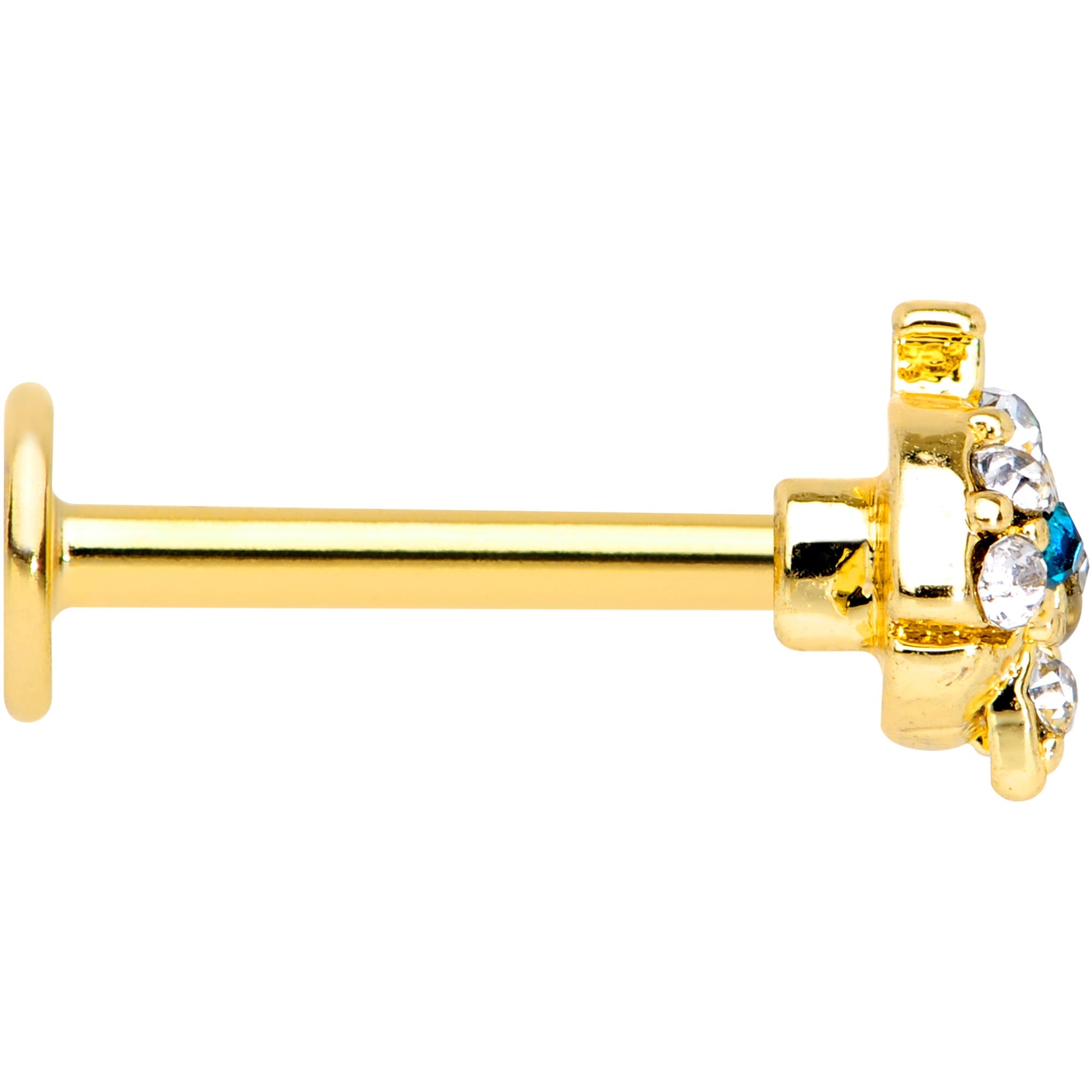 BodyCandy 16G 5/16 Clear Aqua Gem Gold Tone Whale Labret Monroe Tragus — side view