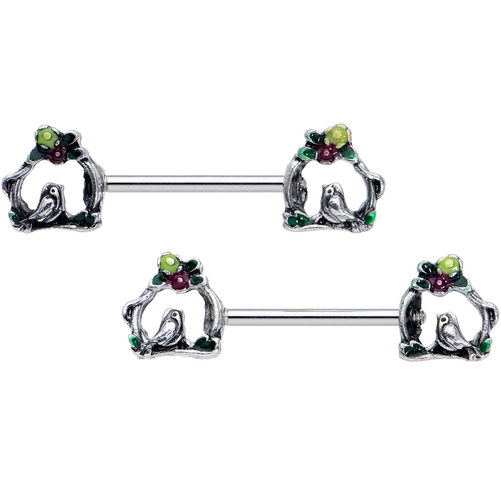 BodyCandy 14G 9/16 Purple Yellow Flower Swing Bird Barbell Nipple Ring Set — main product shot