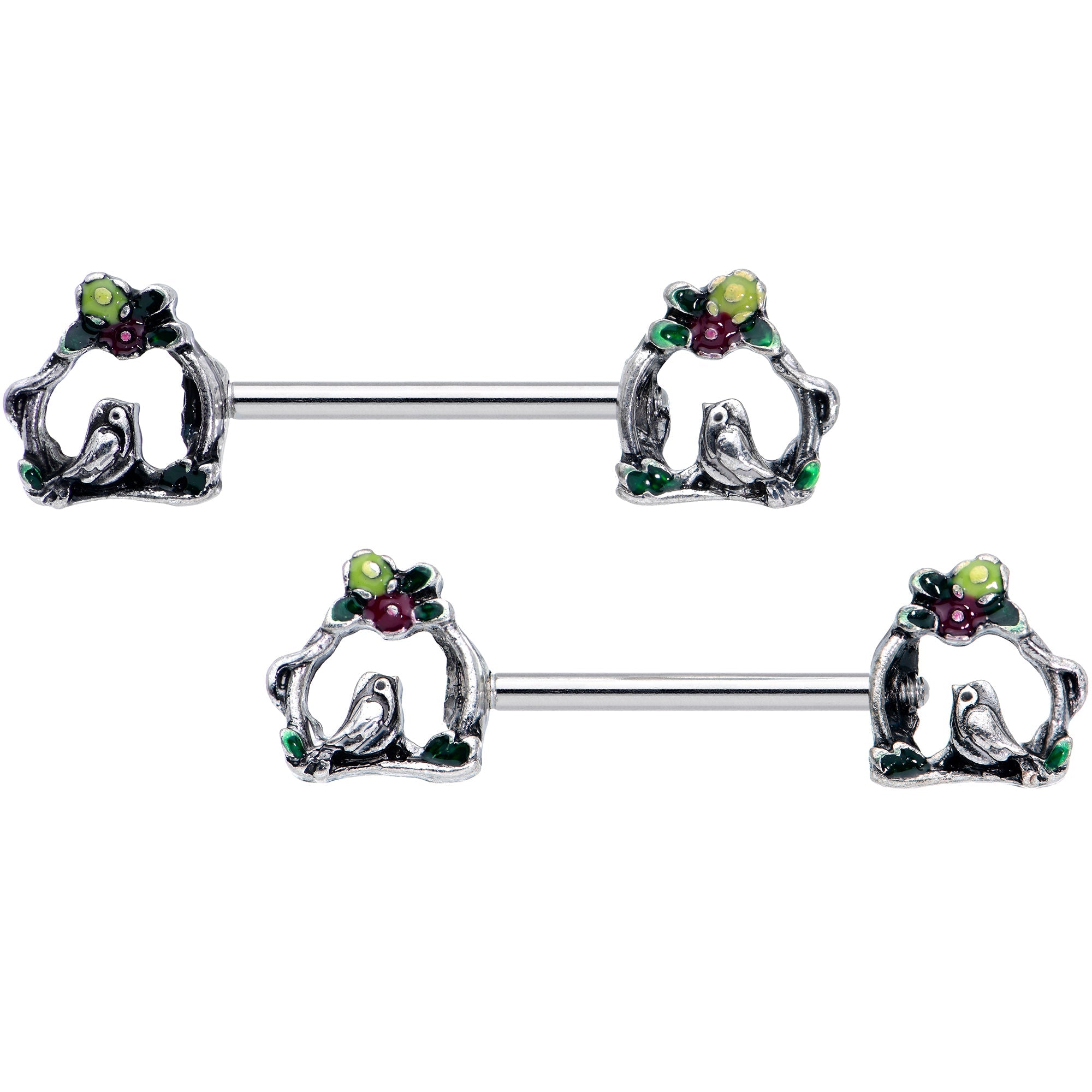 BodyCandy 14G 9/16 Purple Yellow Flower Swing Bird Barbell Nipple Ring Set — main product shot