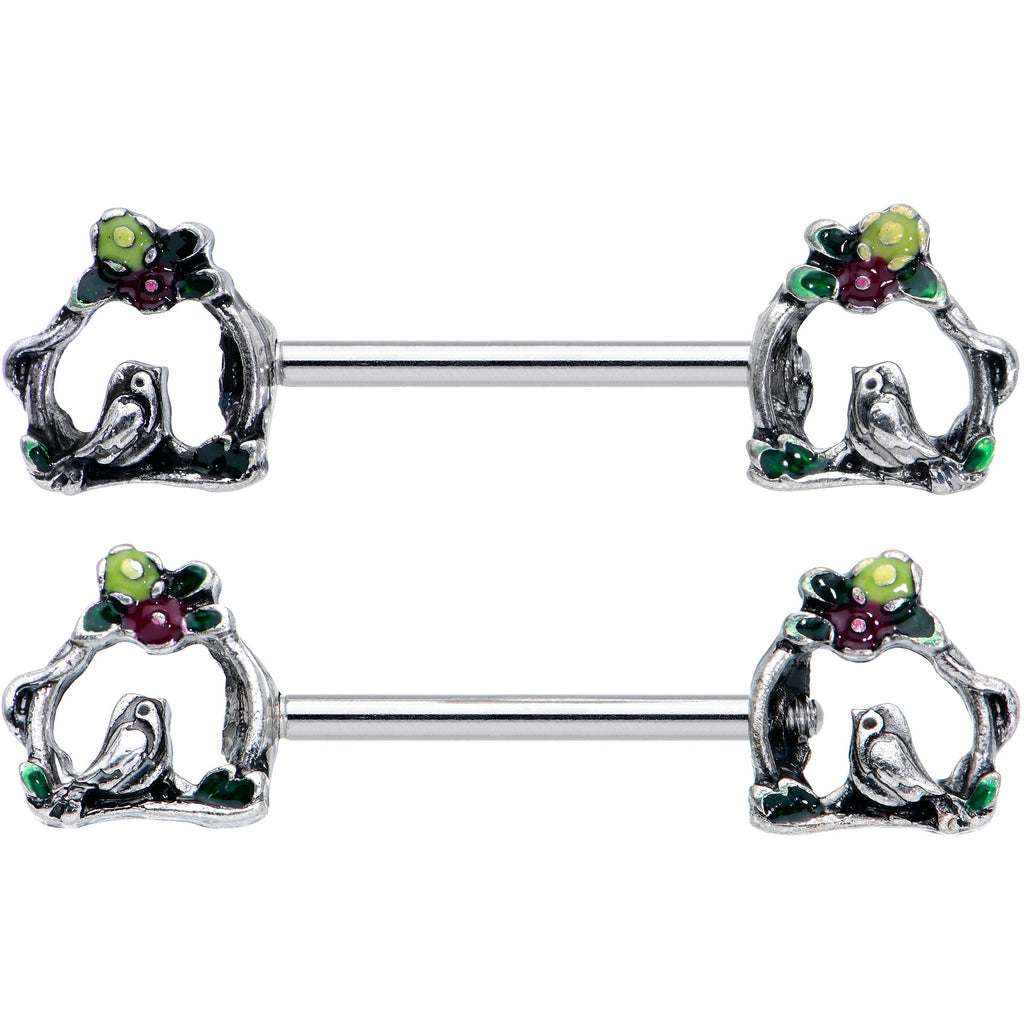 BodyCandy 14G 9/16 Purple Yellow Flower Swing Bird Barbell Nipple Ring Set — detail close-up