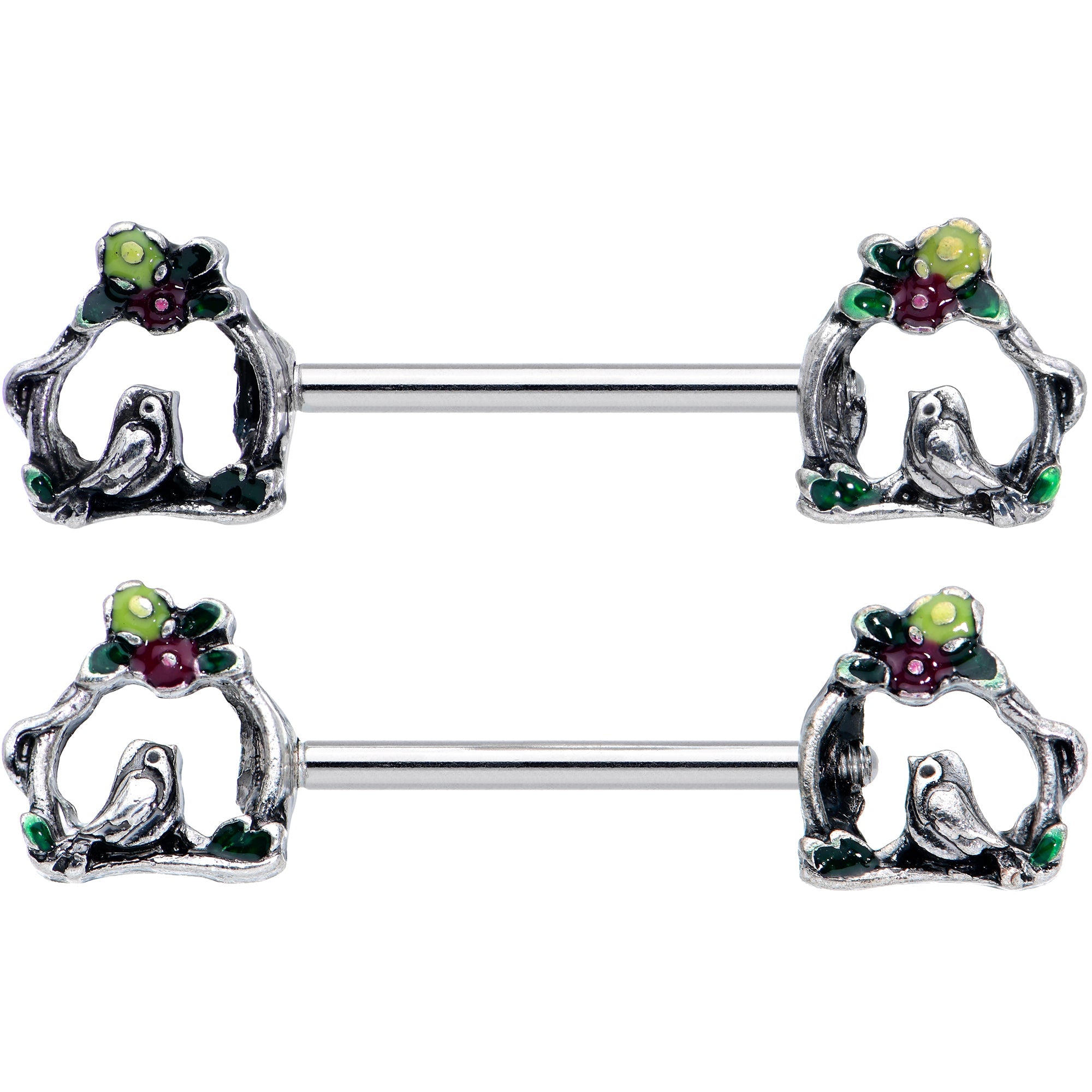 BodyCandy 14G 9/16 Purple Yellow Flower Swing Bird Barbell Nipple Ring Set — detail close-up