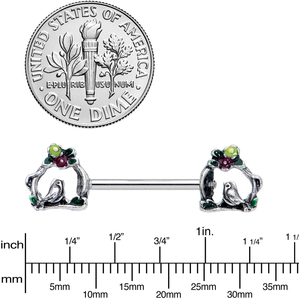 BodyCandy 14G 9/16 Purple Yellow Flower Swing Bird Barbell Nipple Ring Set — lifestyle context