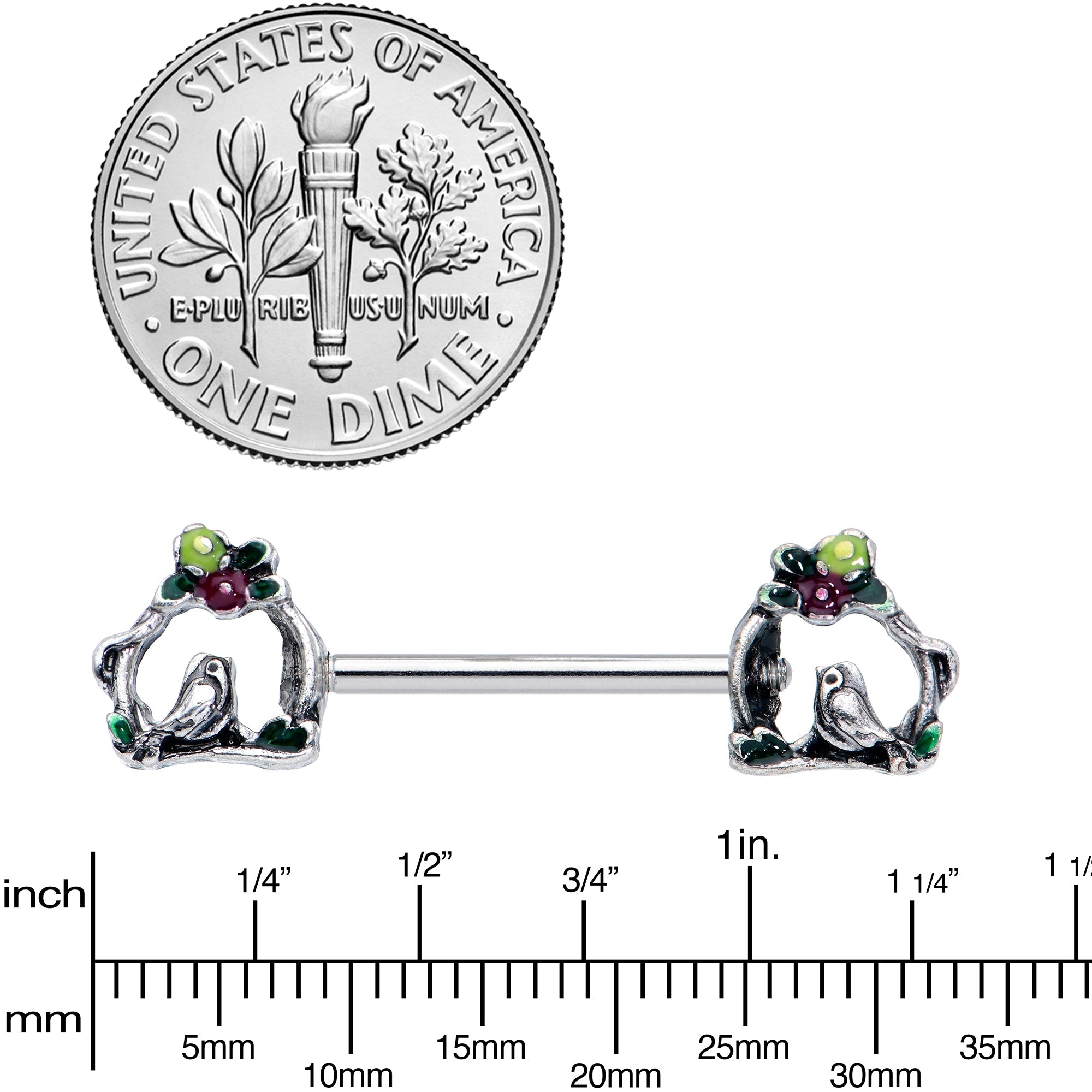 BodyCandy 14G 9/16 Purple Yellow Flower Swing Bird Barbell Nipple Ring Set — lifestyle context