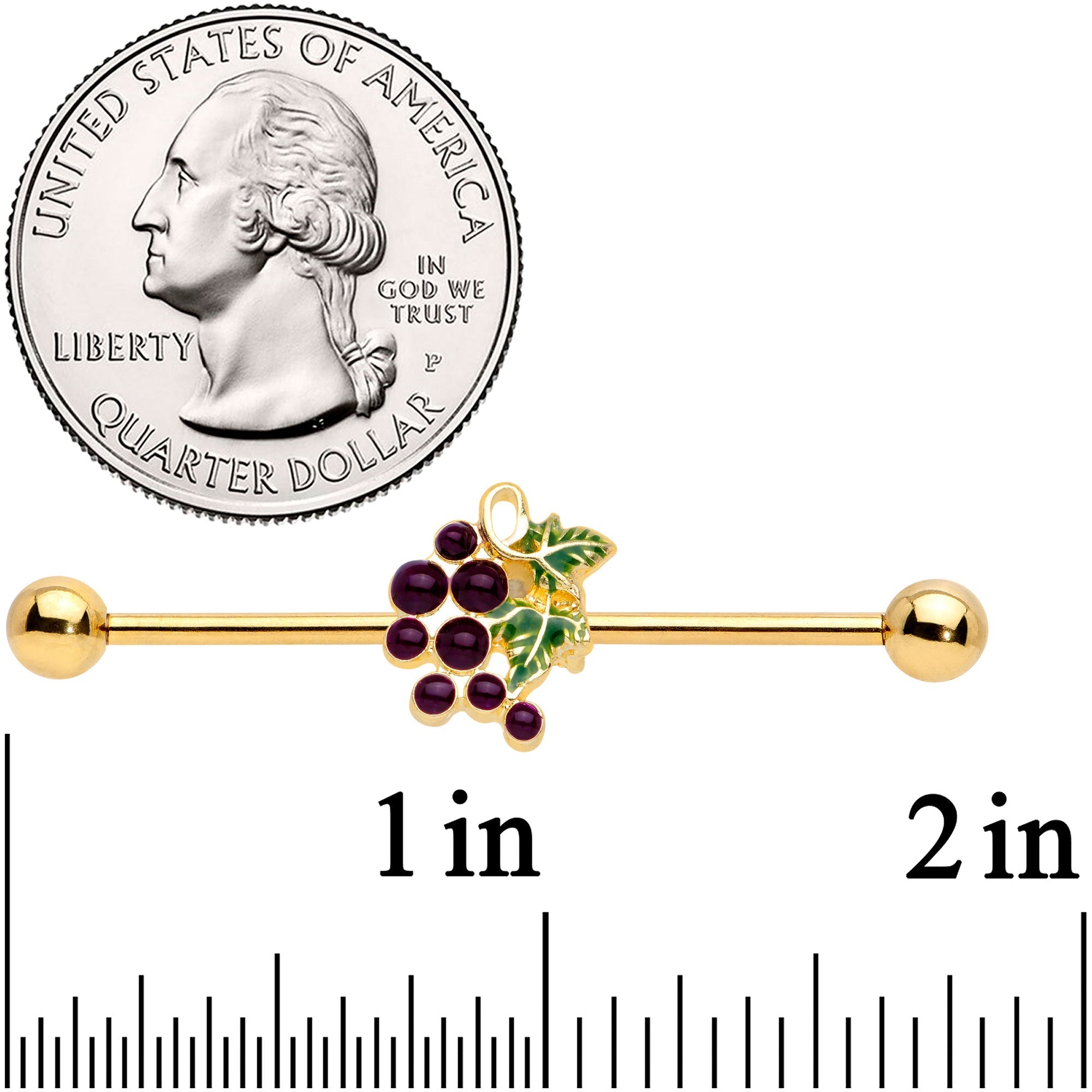 BodyCandy 14G Gold Tone Yummy Grapes Industrial Barbell 38mm — detail close-up