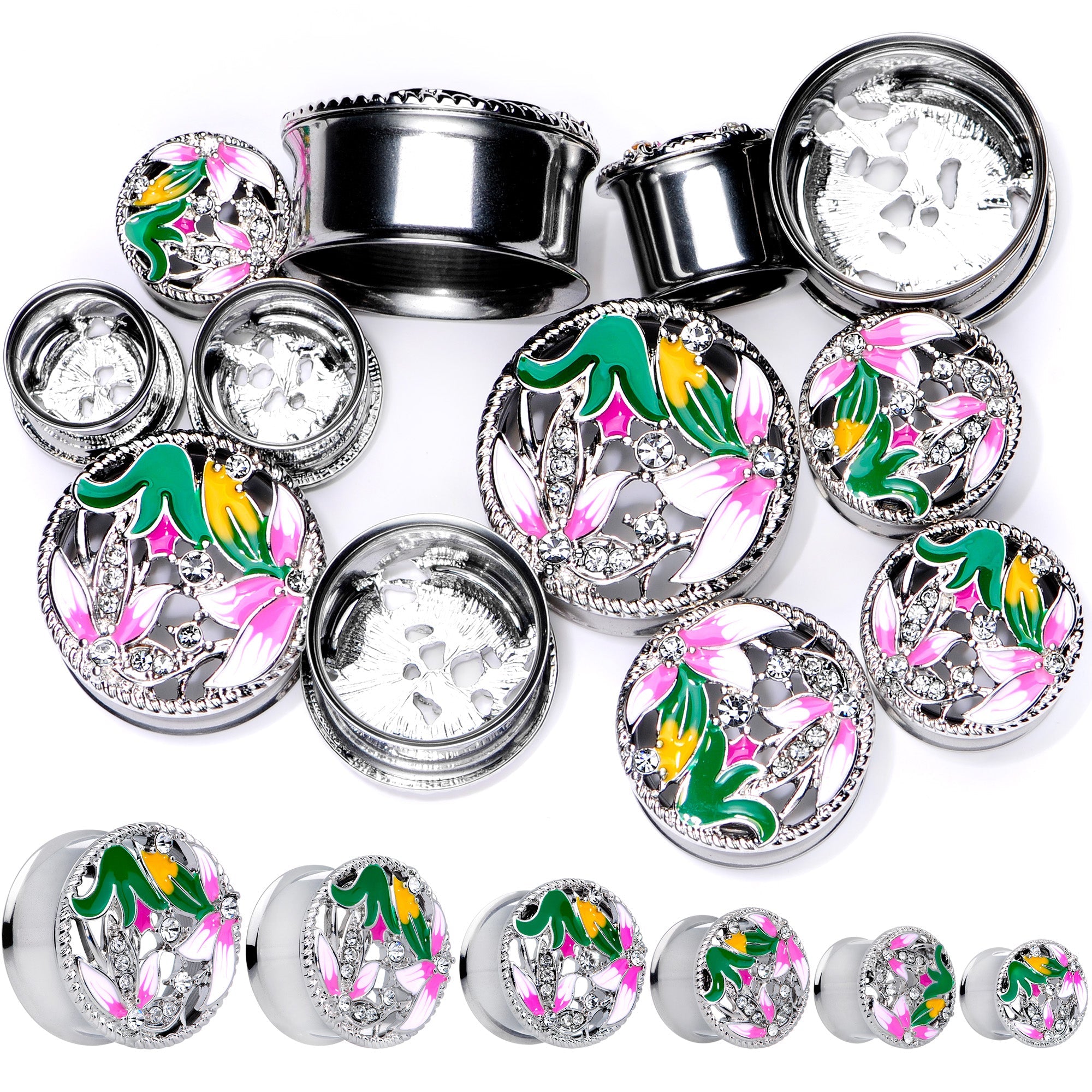 BodyCandy Clear Gem Exotic Garden Flower Double Flare Plug Set — main product shot