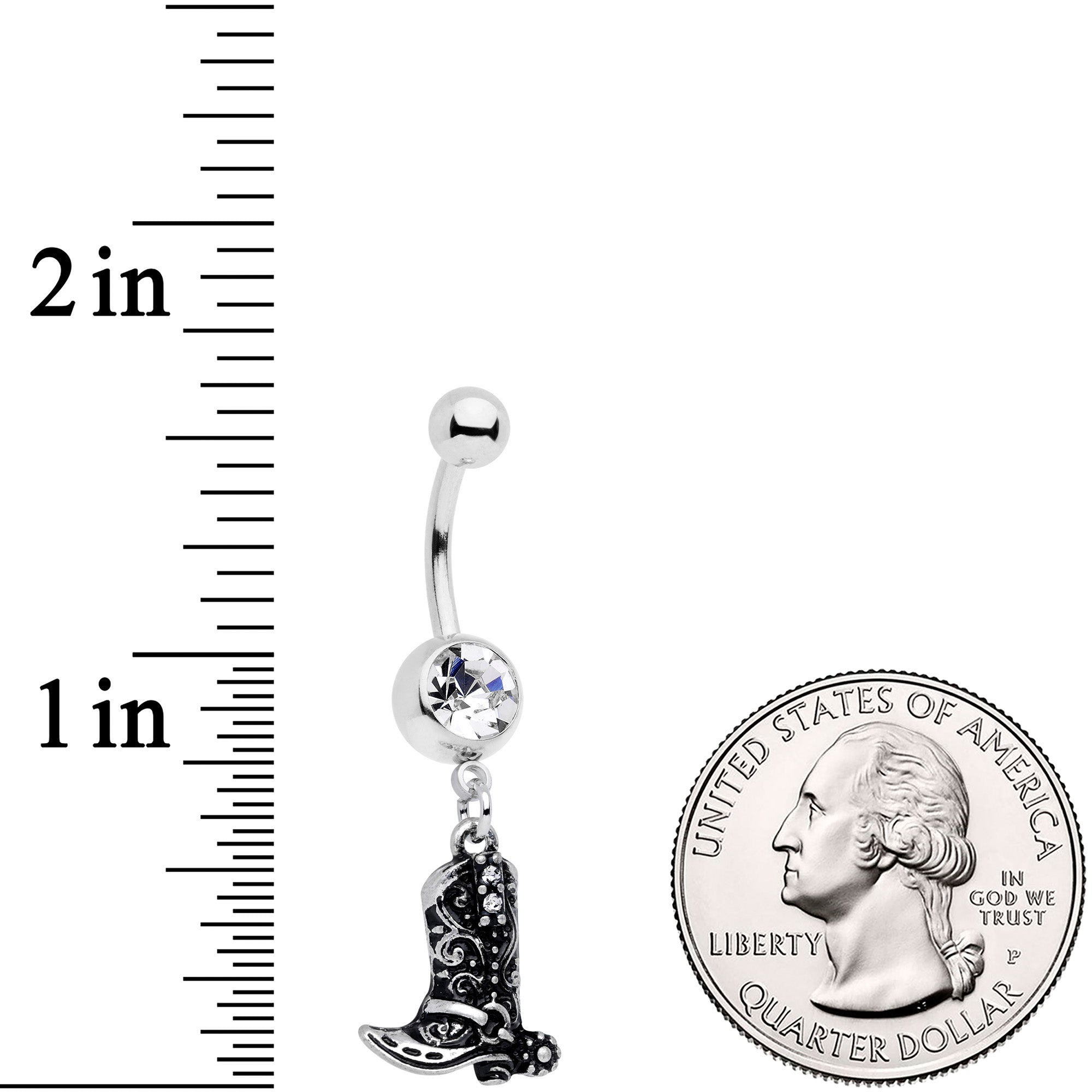 BodyCandy Clear Gem Cowboy Boot Dangle Belly Ring — detail close-up