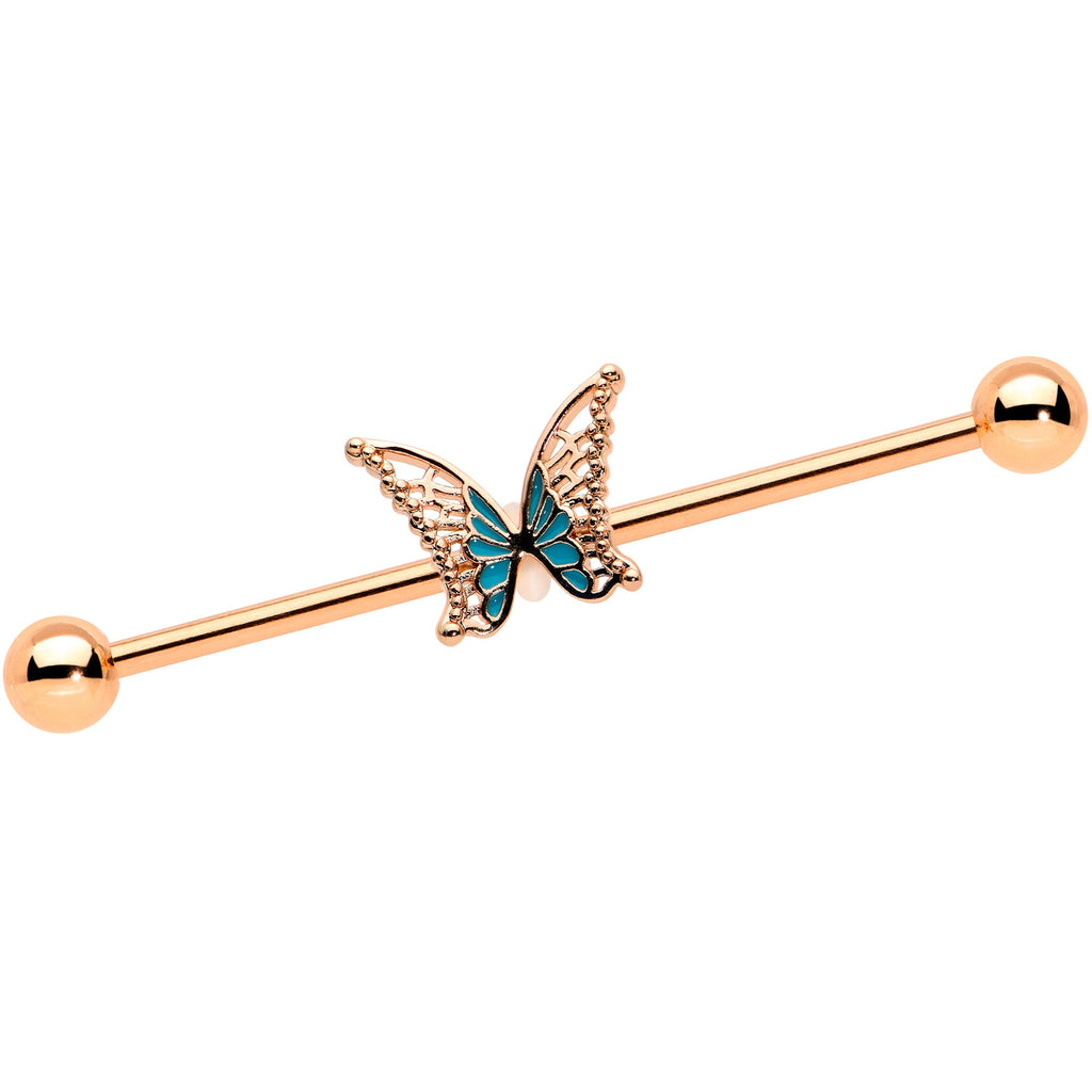 BodyCandy 14G Rose Gold Tone Bit of Blue Butterfly Industrial Barbell 38mm — main product shot