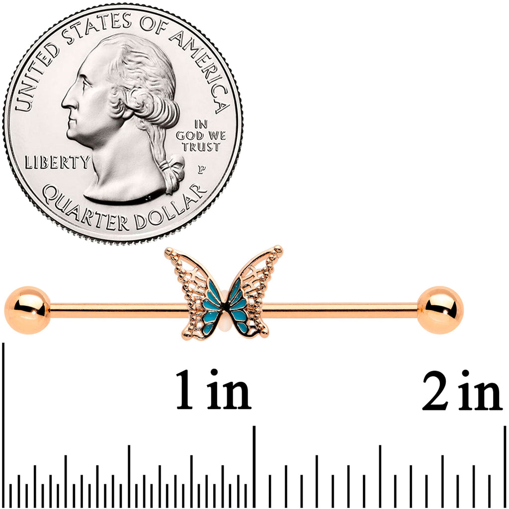 BodyCandy 14G Rose Gold Tone Bit of Blue Butterfly Industrial Barbell 38mm — detail close-up
