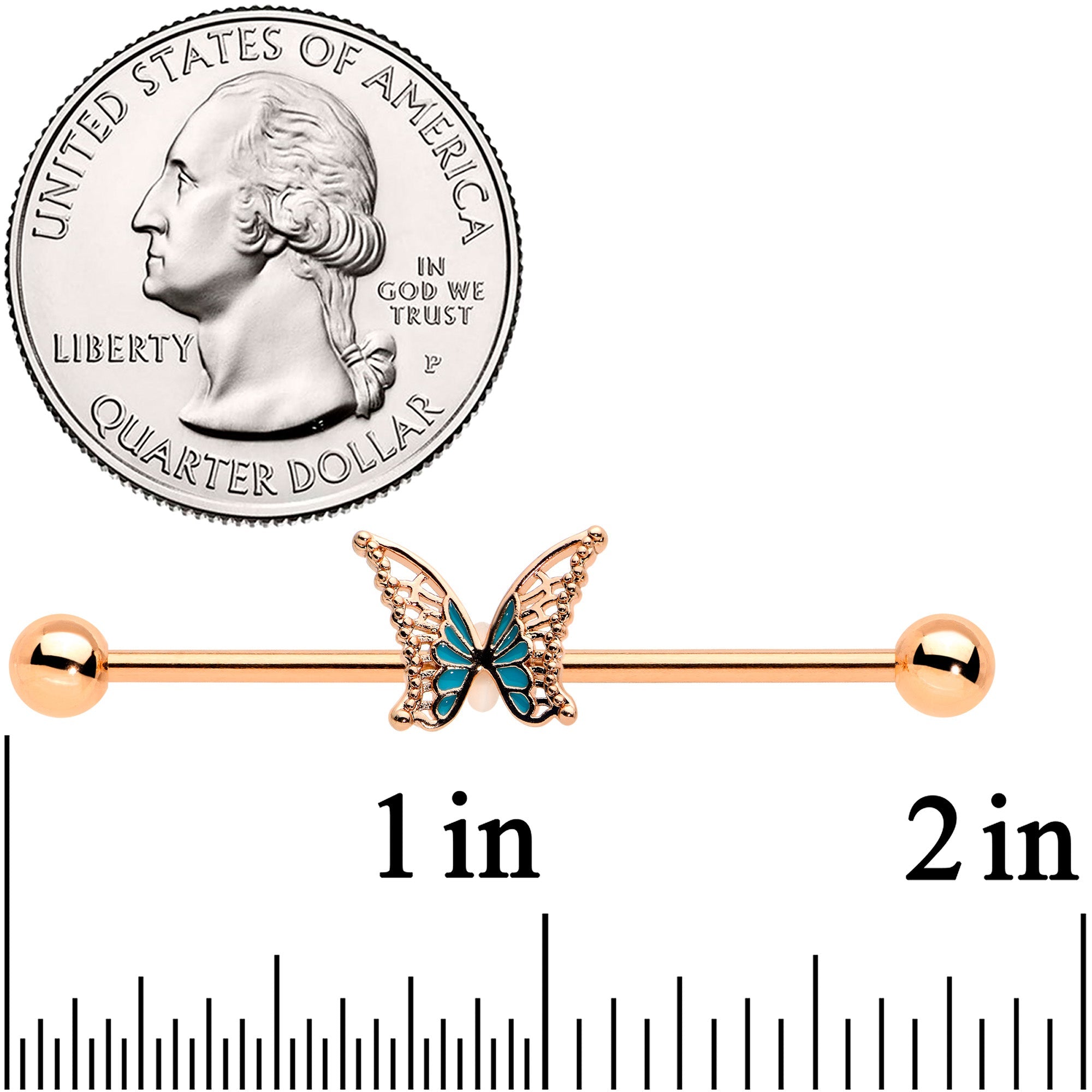 BodyCandy 14G Rose Gold Tone Bit of Blue Butterfly Industrial Barbell 38mm — detail close-up