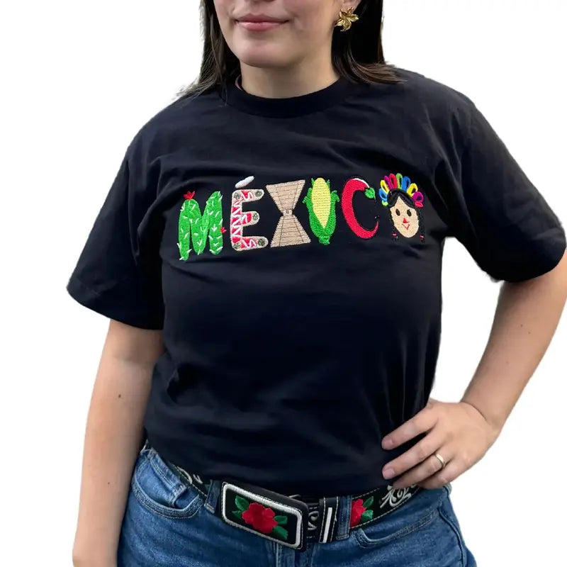 Mexico Embroidered Graphic Cotton T-Shirt – Cultural Heritage Tee, Unisex Embroidered Top for Travel & Vacation