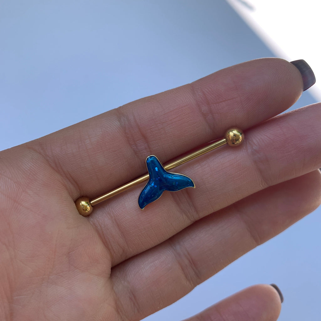 BodyCandy 14G Gold Tone Iridescent Mermaid Tail Industrial Barbell 38mm — detail close-up