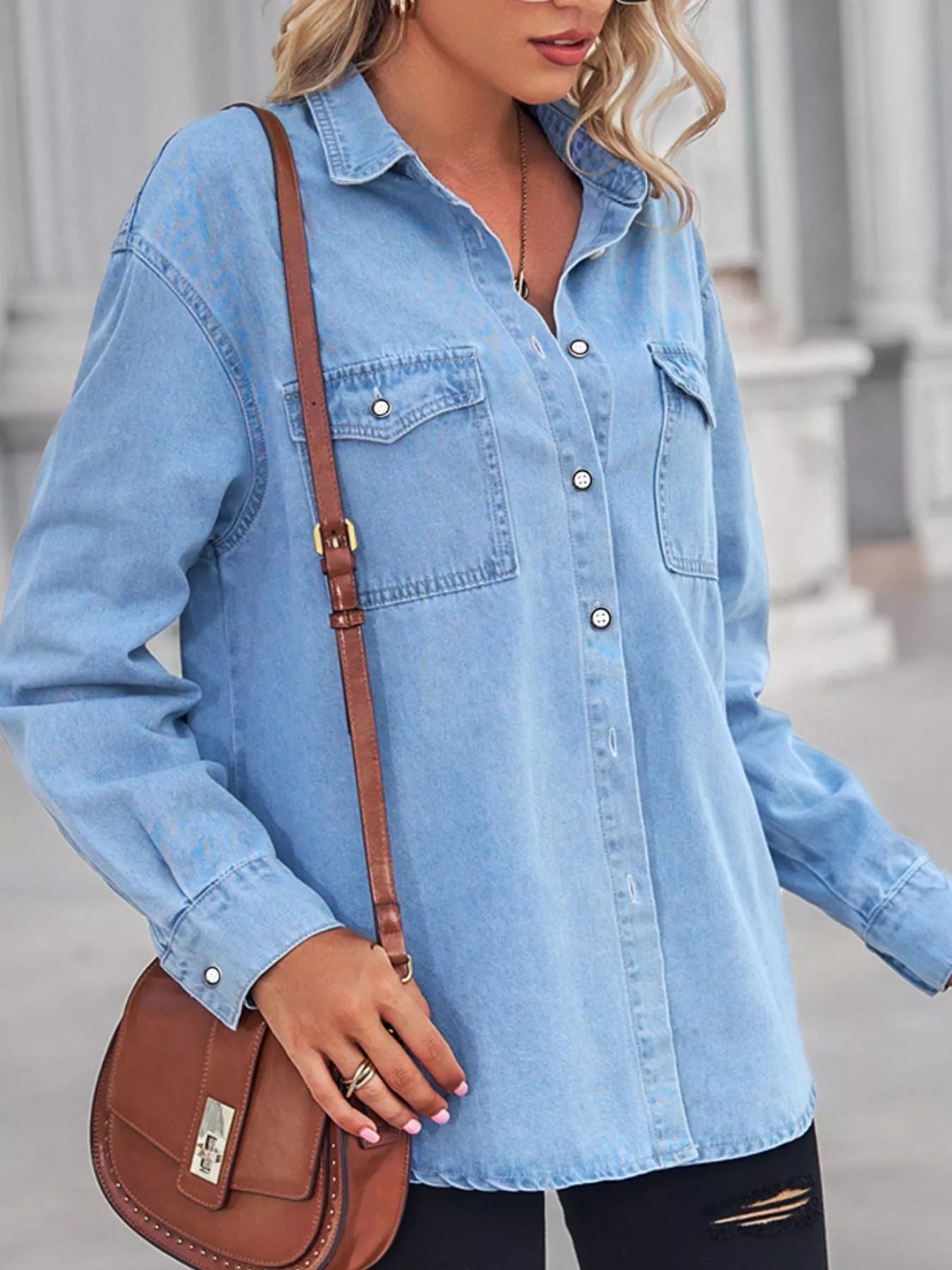 Button Down Washed Denim Shirt with Chest Pockets