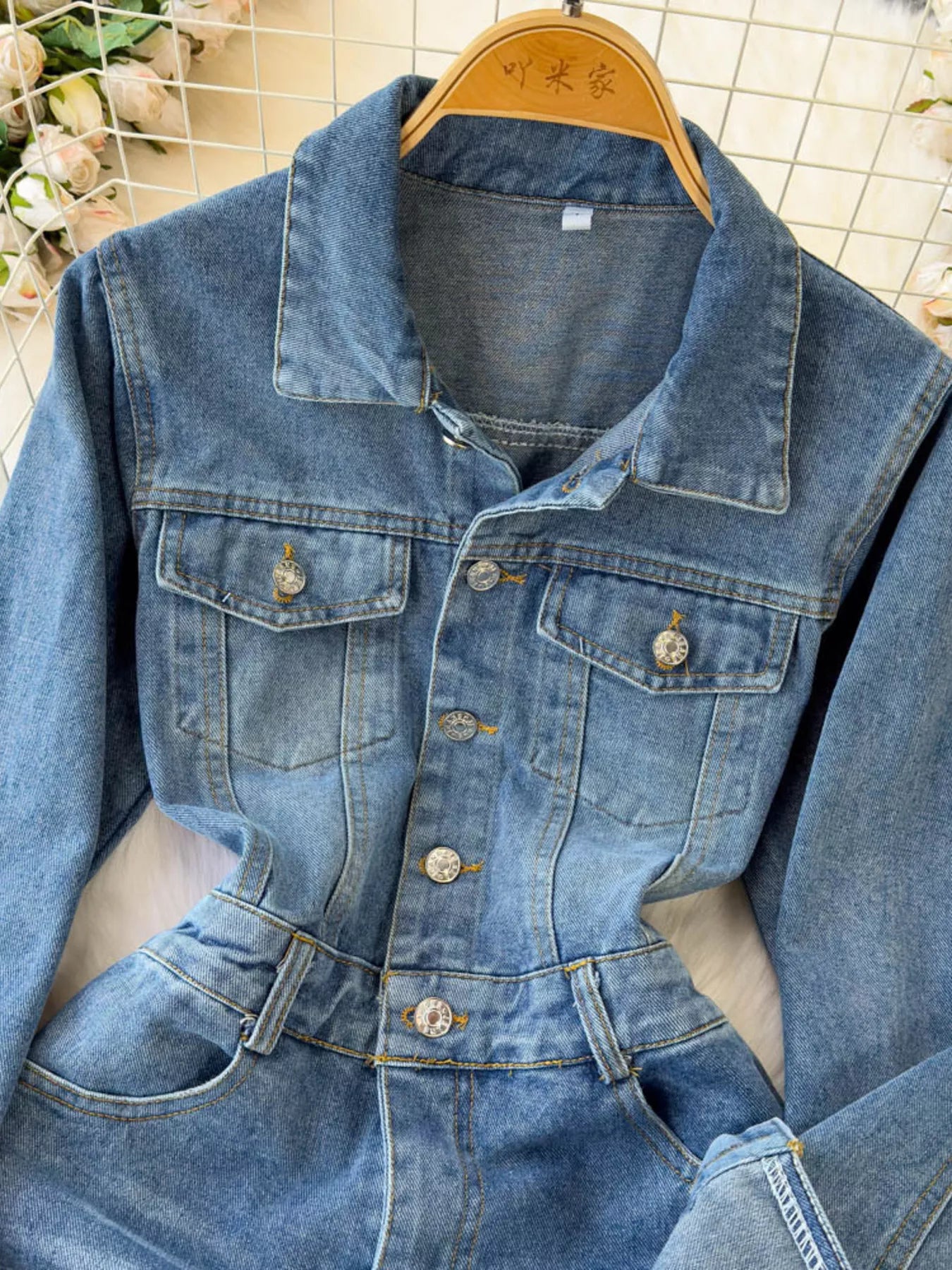 Button Front Wide Leg Denim Jumpsuit