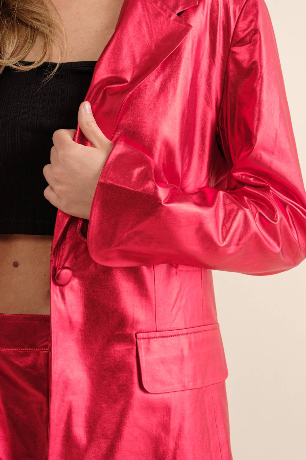 Pretty Little Patriot Pretty Little Patriot Sleek Metallic Red Blazer Set — Pretty Little Patriot branding close-up