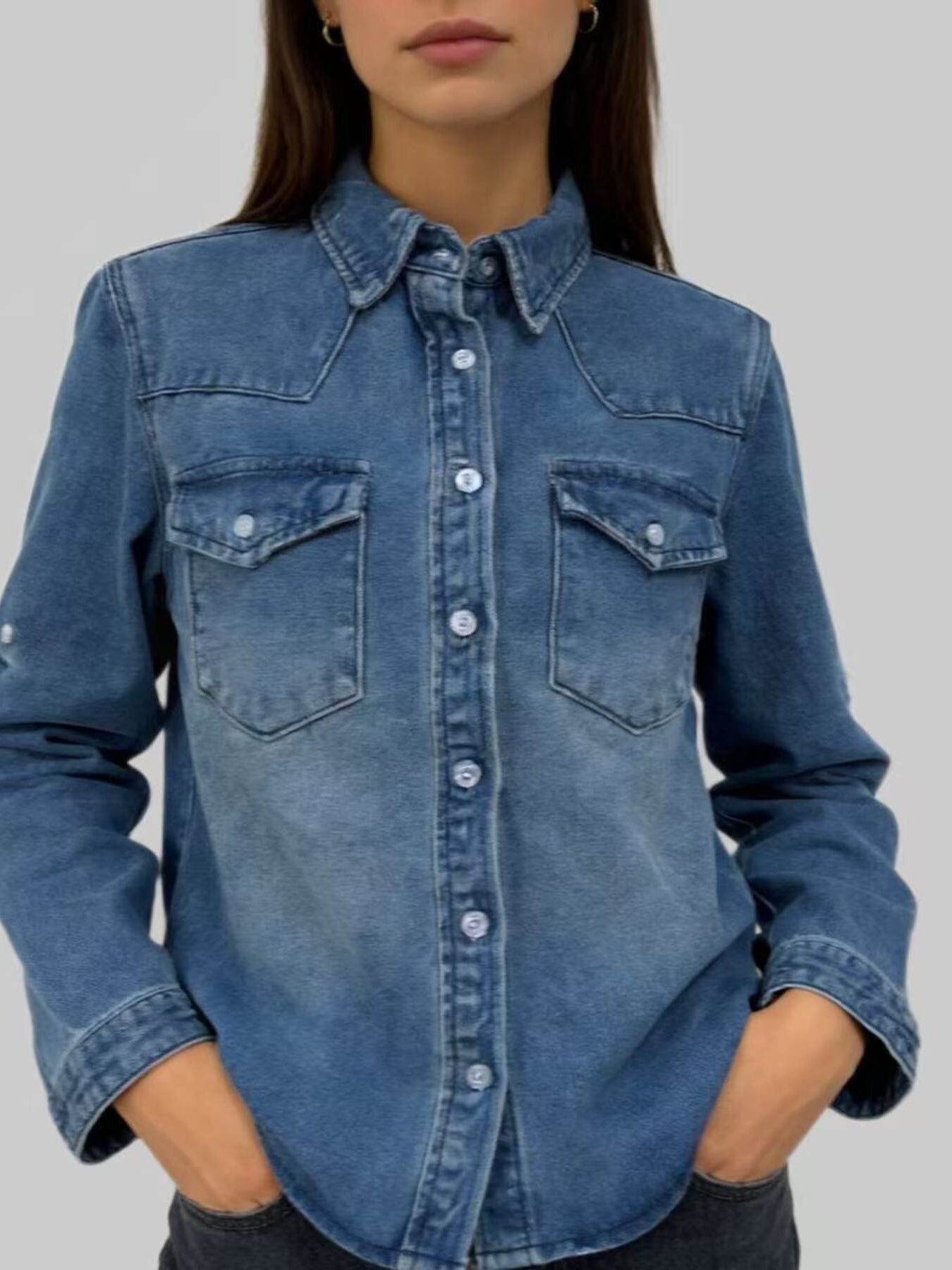 Button Down Classic Western Style Denim Top