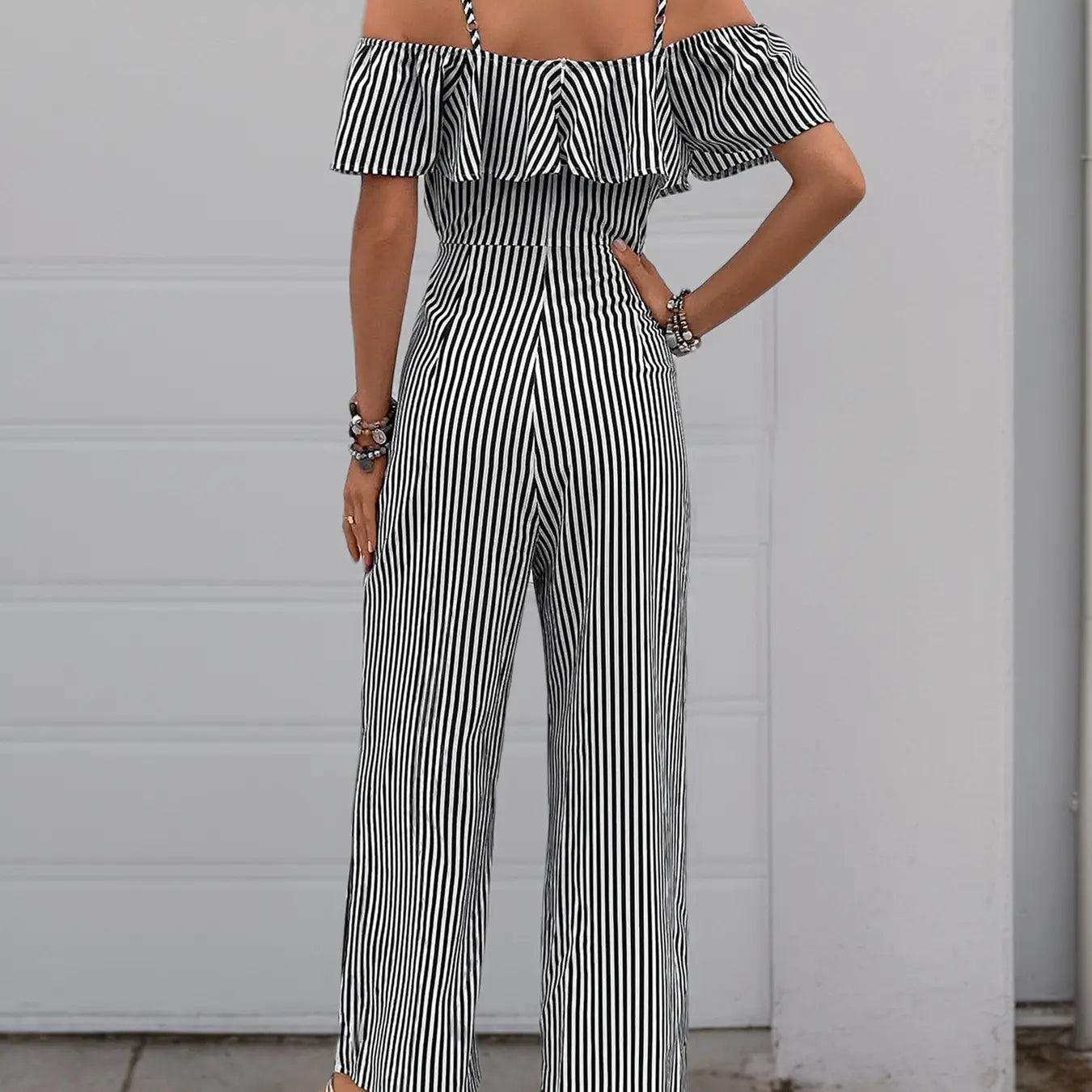 Pretty Little Patriot Black & White Stripe Lotus Jumpsuit — Black detail