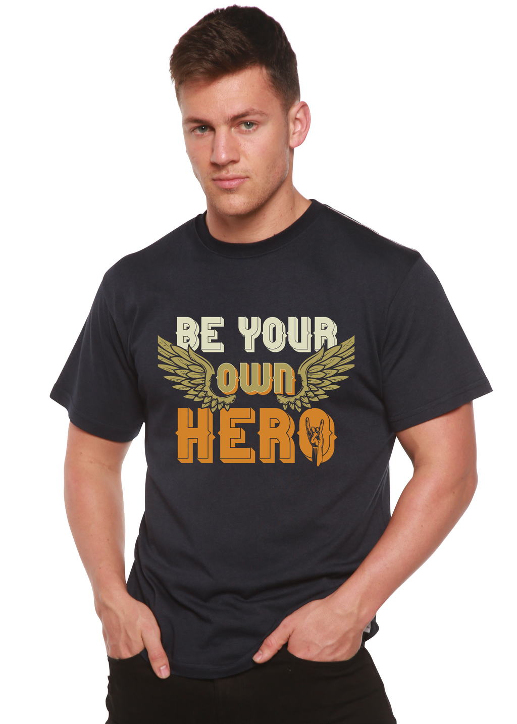 Spun Bamboo Be Your Own Hero Men's Bamboo Viscose/Organic Cotton Short Sleeve Graphic T-Shirt — detail close-up