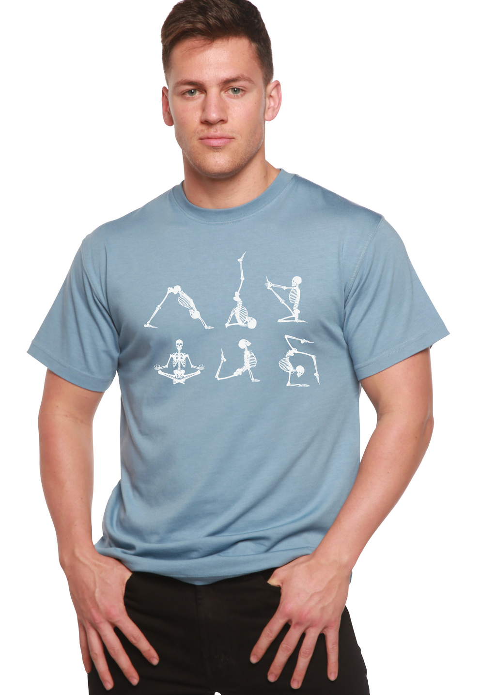 Spun Bamboo Halloween Skeleton Namaste Men's Bamboo Viscose/Organic Cotton Short Sleeve Graphic T-Shirt — in-use photo