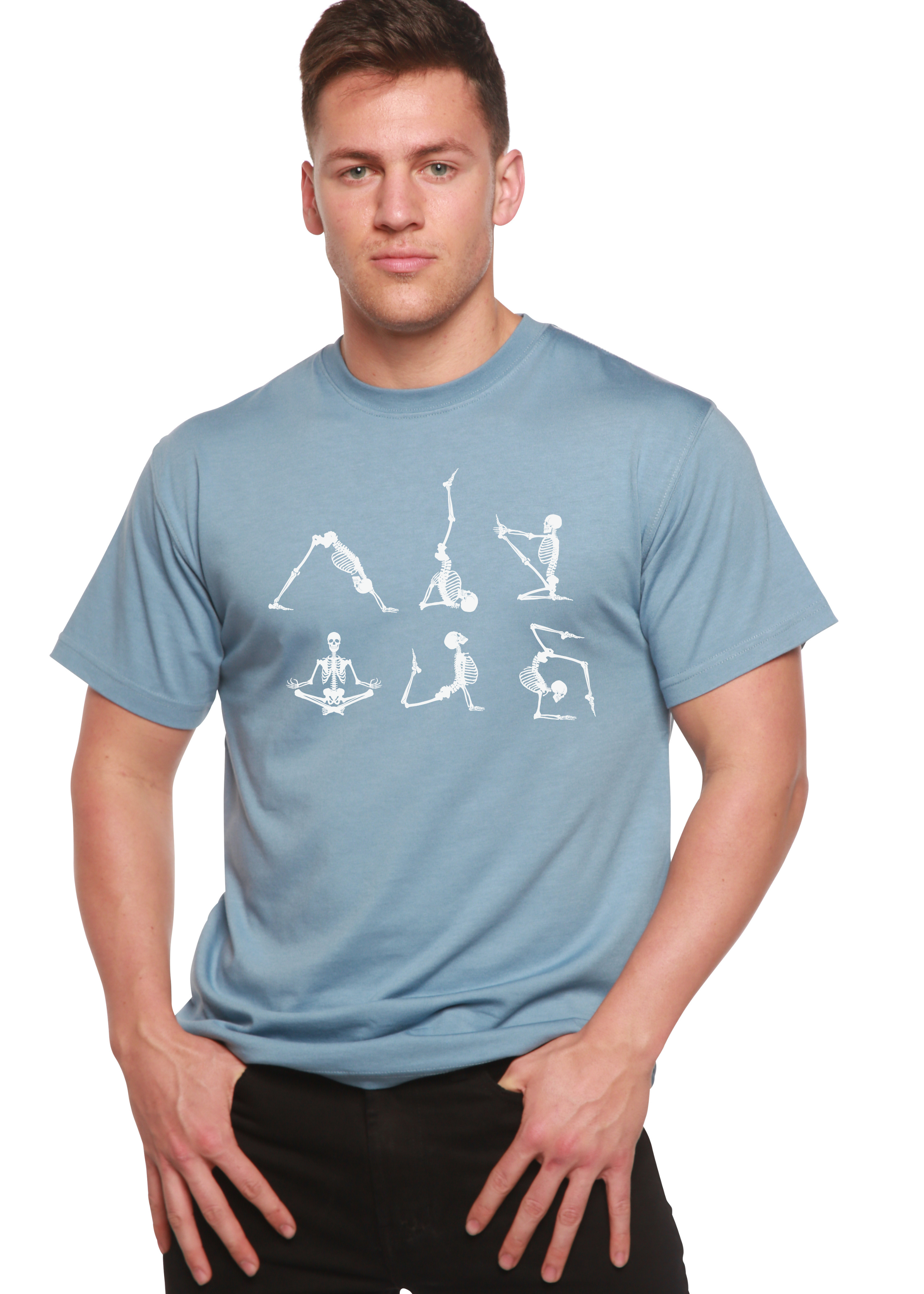 Spun Bamboo Halloween Skeleton Namaste Men's Bamboo Viscose/Organic Cotton Short Sleeve Graphic T-Shirt — in-use photo