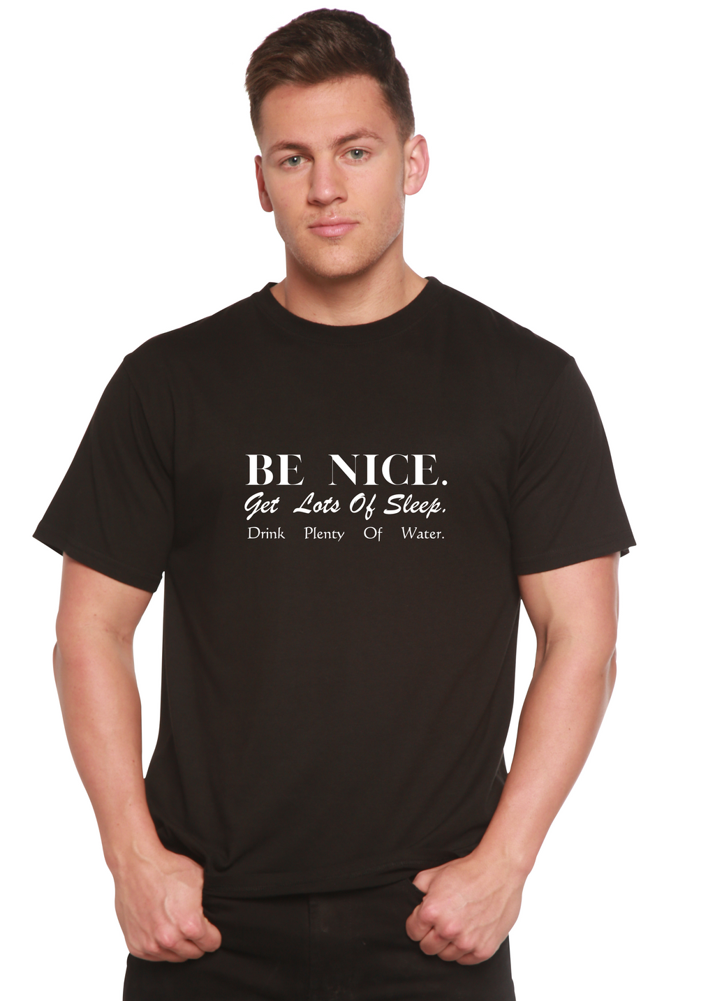 Spun Bamboo Be Nice Men's Bamboo Viscose/Organic Cotton Short Sleeve Graphic T-Shirt — in-use photo