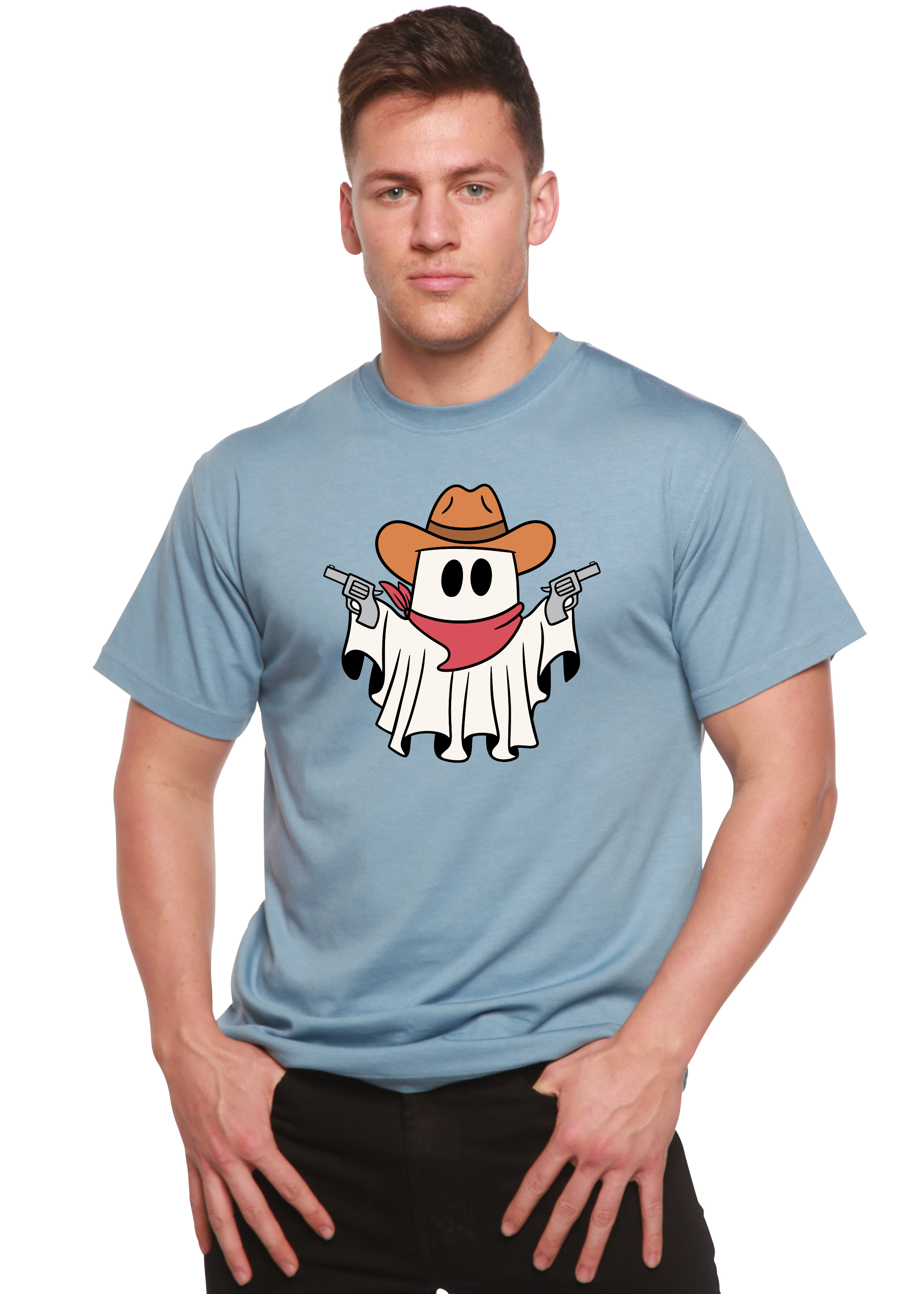 Spun Bamboo Cowboy Ghost Unisex Bamboo Viscose/Organic Cotton Short Sleeve Graphic T-Shirt — detail close-up