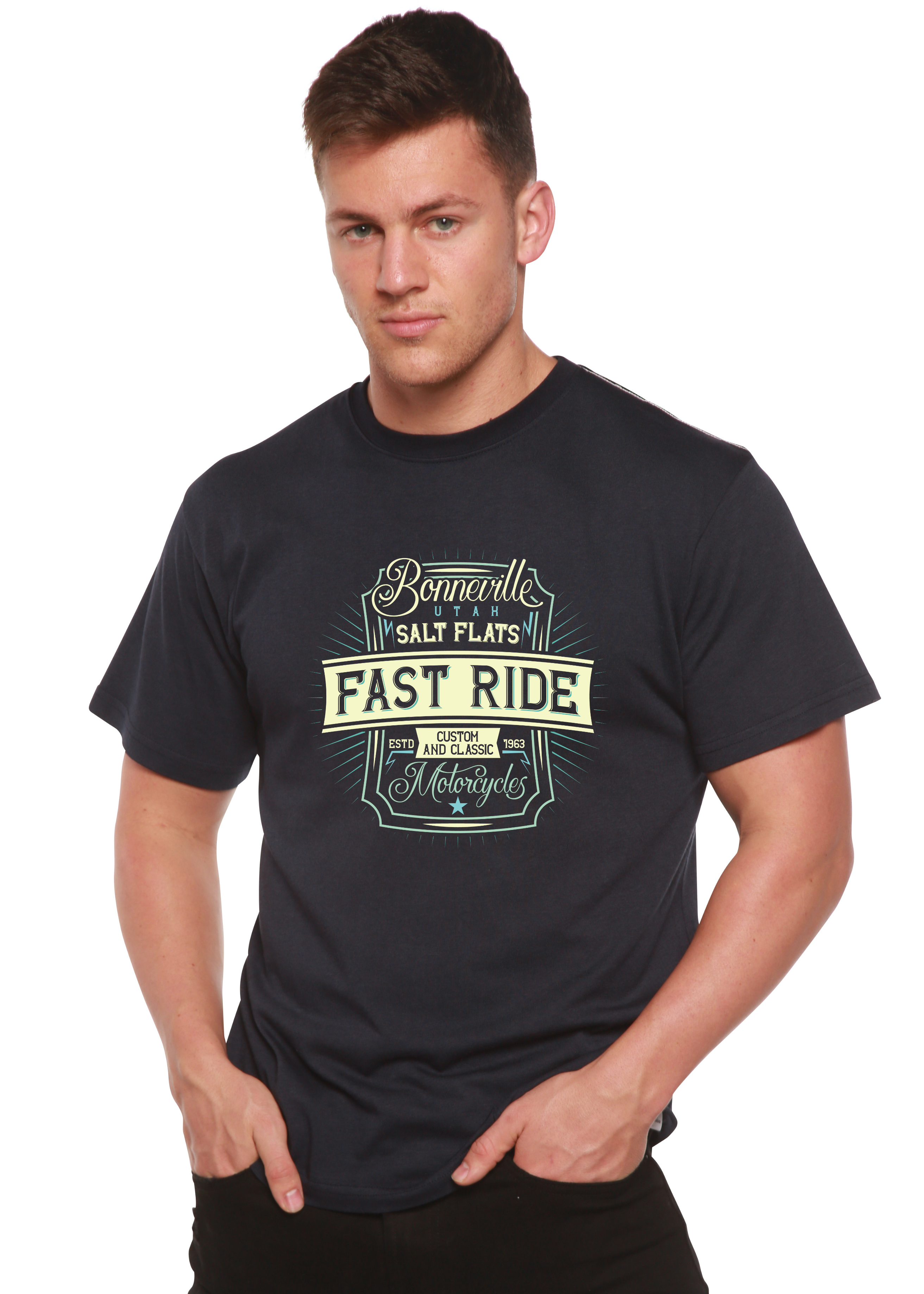 Spun Bamboo Fast Ride Men's Bamboo Viscose/Organic Cotton Short Sleeve Graphic T-Shirt — detail close-up