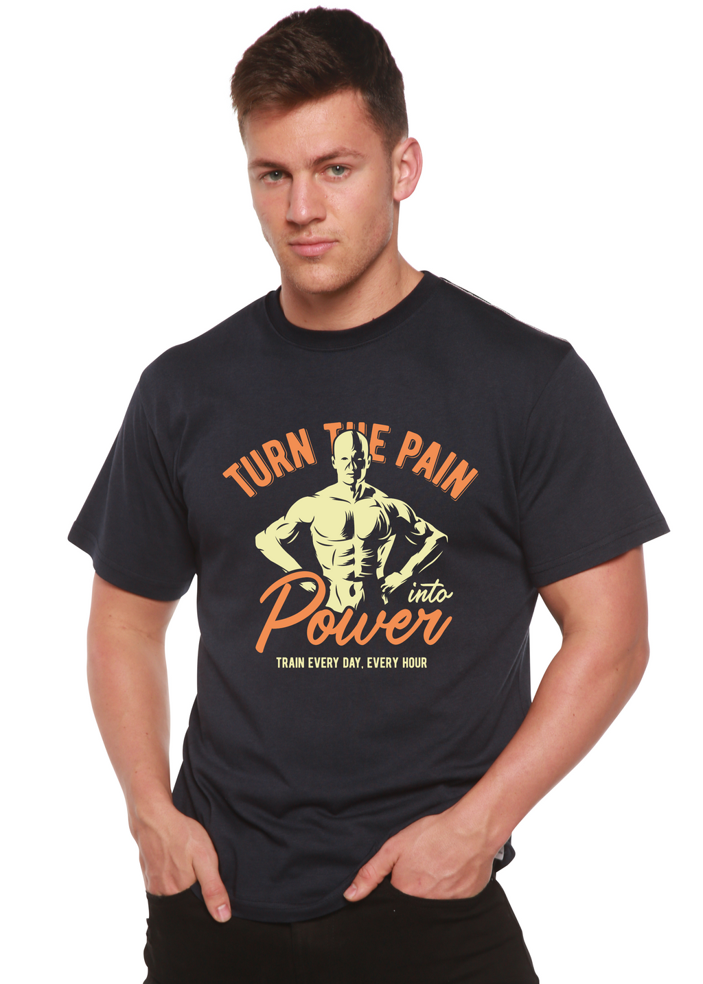 Spun Bamboo Turn The Pain Men's Bamboo Viscose/Organic Cotton Short Sleeve Graphic T-Shirt — detail close-up