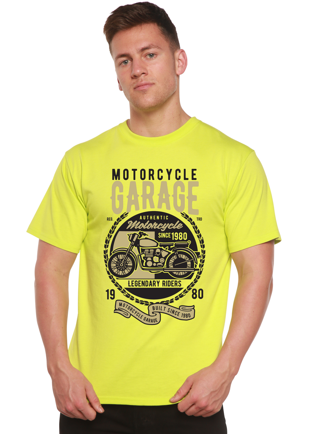 Spun Bamboo Motorcycle Garage Men's Bamboo Viscose/Organic Cotton Short Sleeve Graphic T-Shirt — lifestyle context