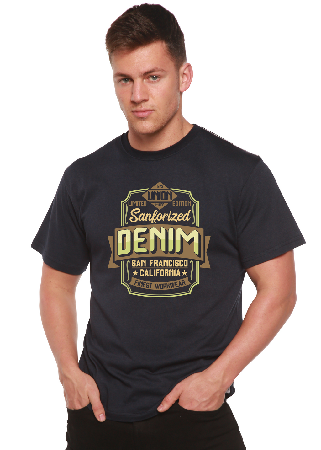 Spun Bamboo Sanforized Denim Men's Bamboo Viscose/Organic Cotton Short Sleeve Graphic T-Shirt — detail close-up