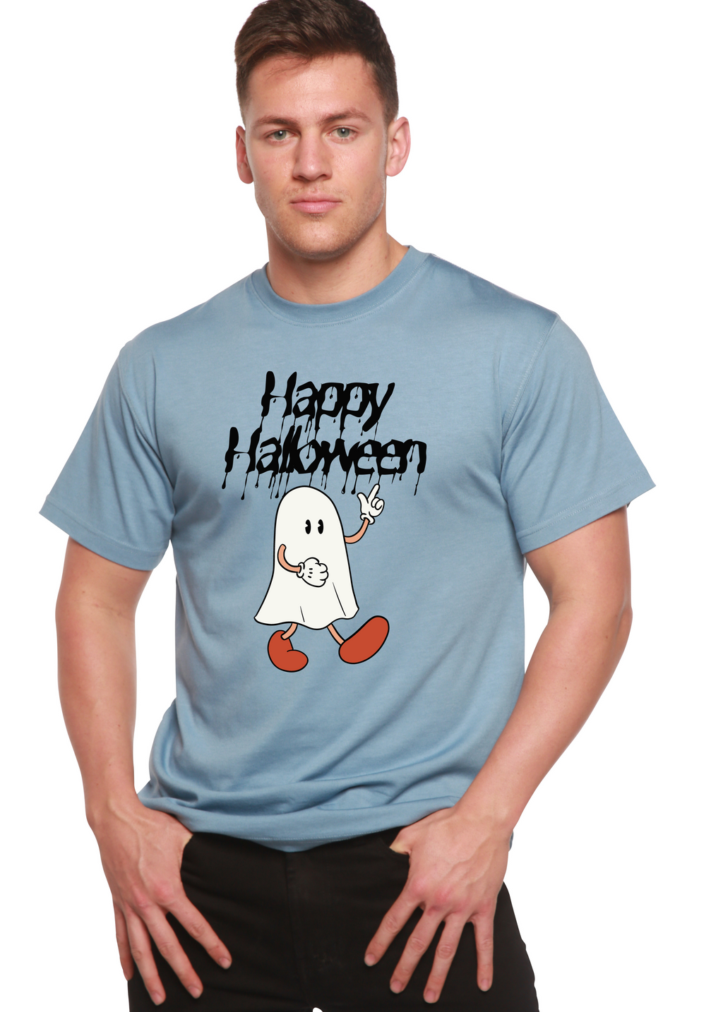 Spun Bamboo Happy Halloween Men's Bamboo Viscose/Organic Cotton Short Sleeve Graphic T-Shirt — size reference