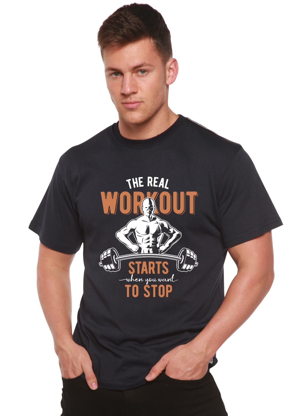 Spun Bamboo The Real Workout Men's Bamboo Viscose/Organic Cotton Short Sleeve Graphic T-Shirt — detail close-up